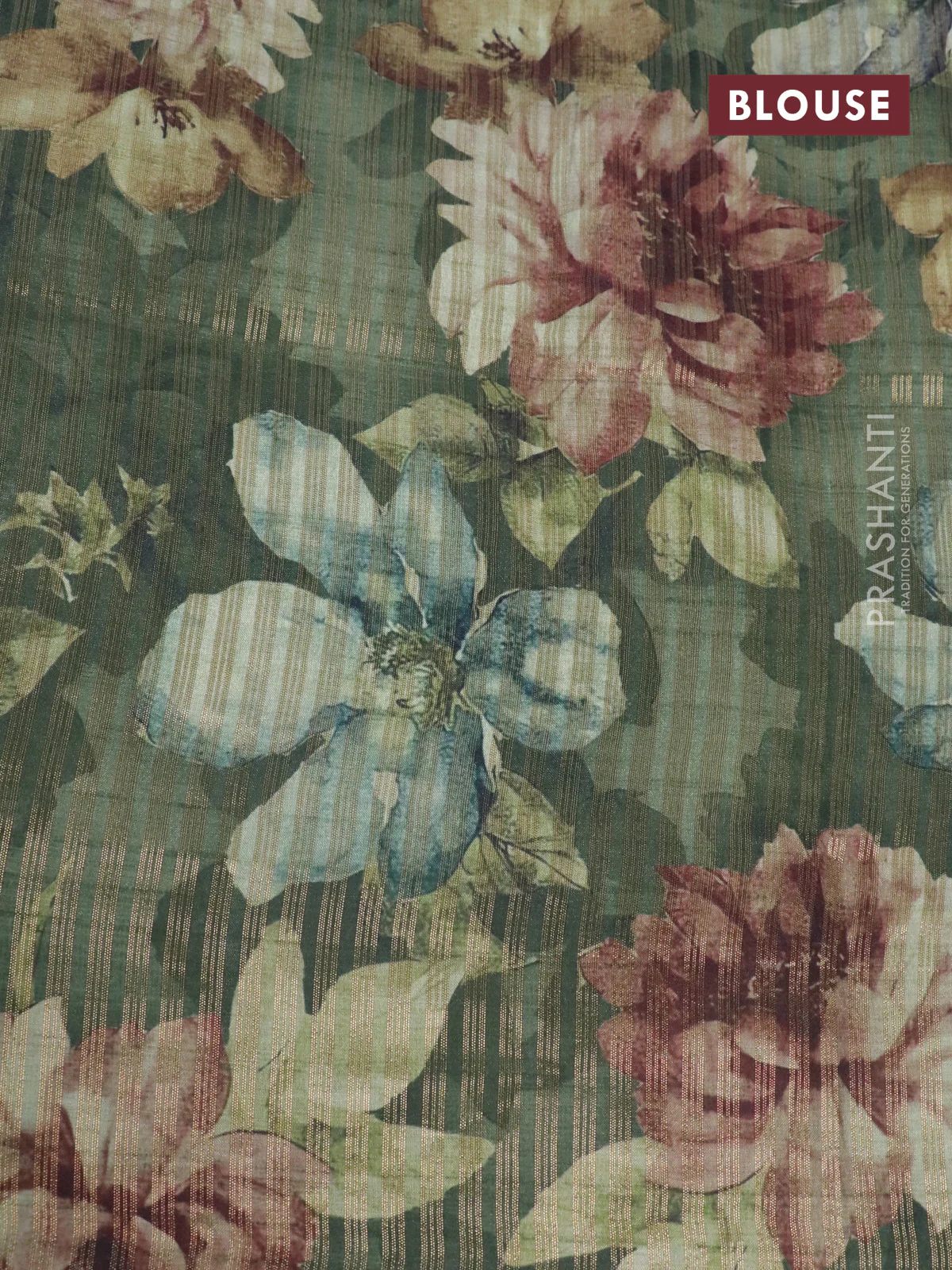 Semi tussar saree green with allover zari woven veldhari design and floral printed border - Image 4