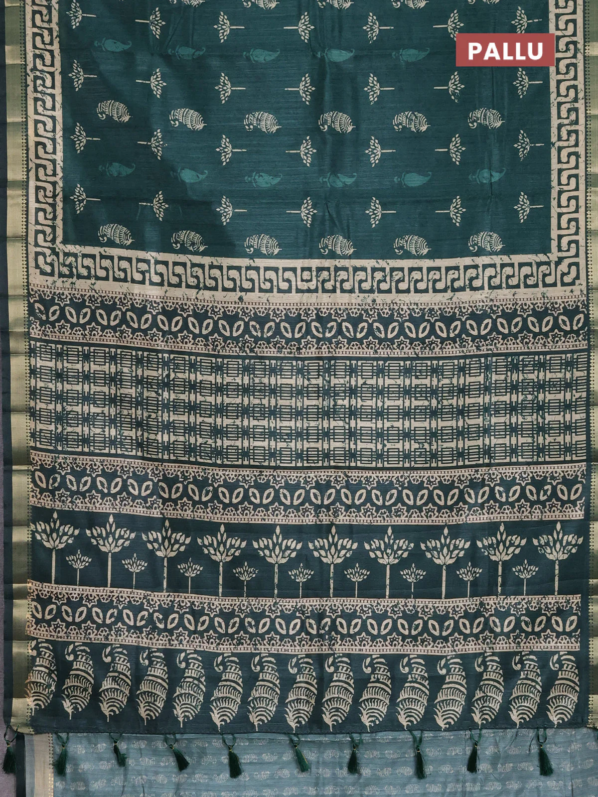 Semi tussar saree green with butta prints and zari woven border - Image 3