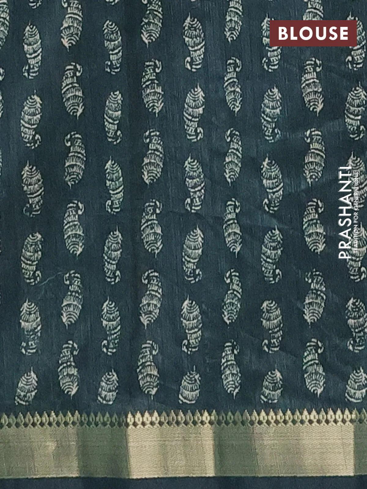 Semi tussar saree green with butta prints and zari woven border - Image 4