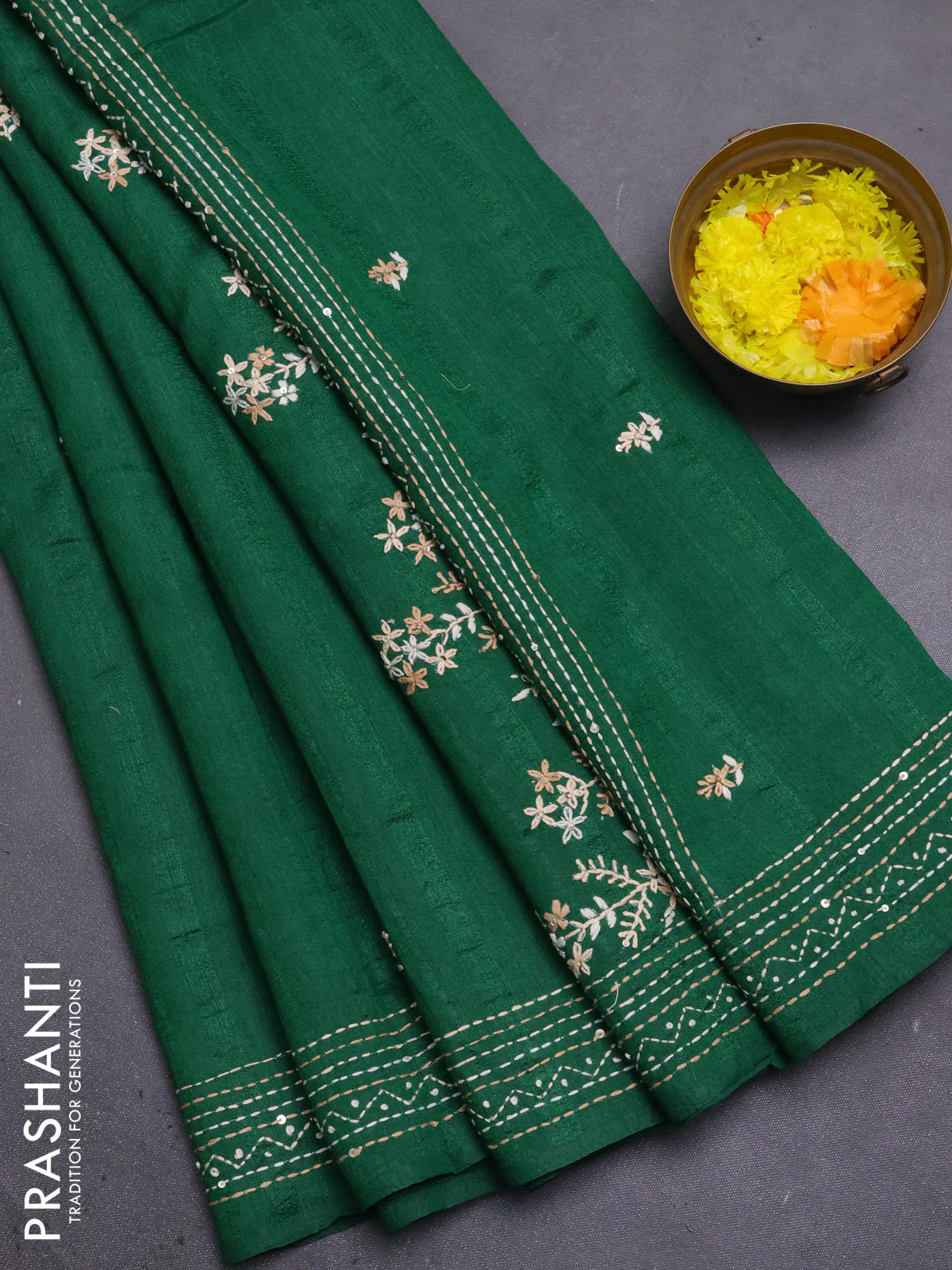 Semi tussar saree green with embroided buttas and embroidery pallu