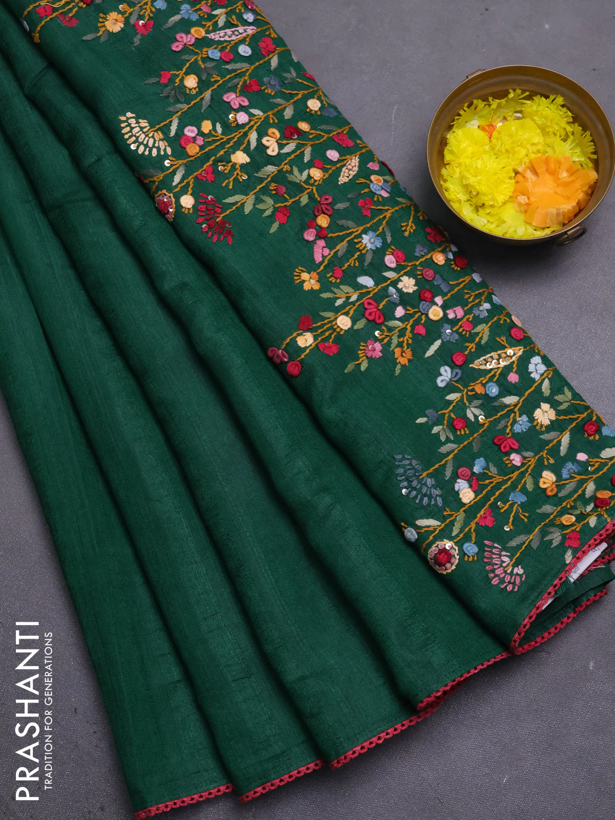 Semi tussar saree green with embroided buttas and embroidery pallu