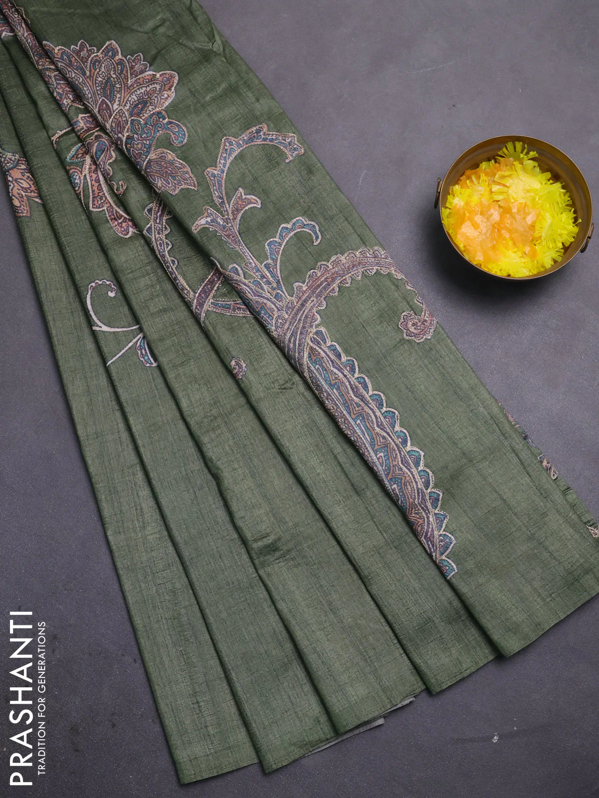 Semi tussar saree green with embroidery work