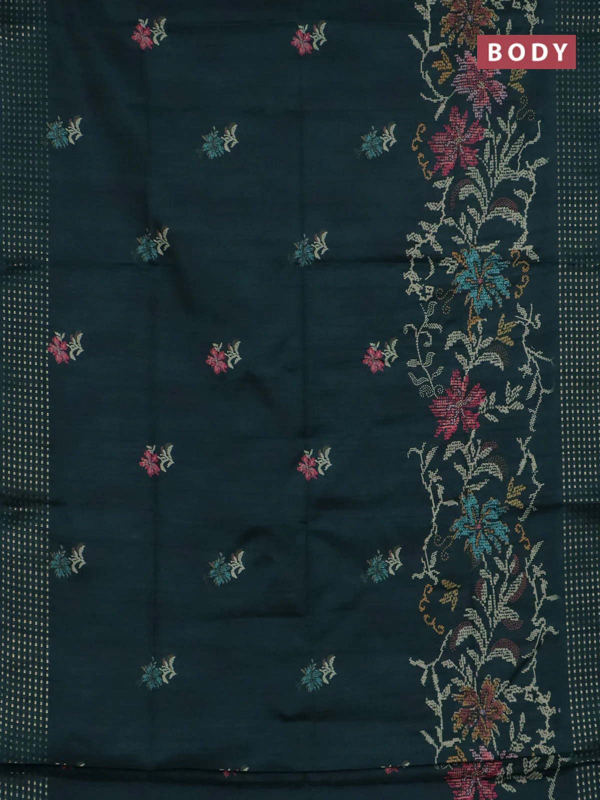Semi tussar saree green with floral prints and zari woven pallu - Image 2