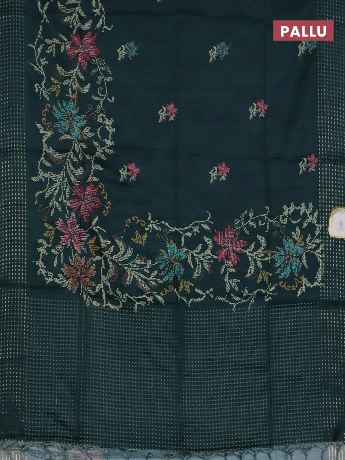 Semi tussar saree green with floral prints and zari woven pallu - Image 3