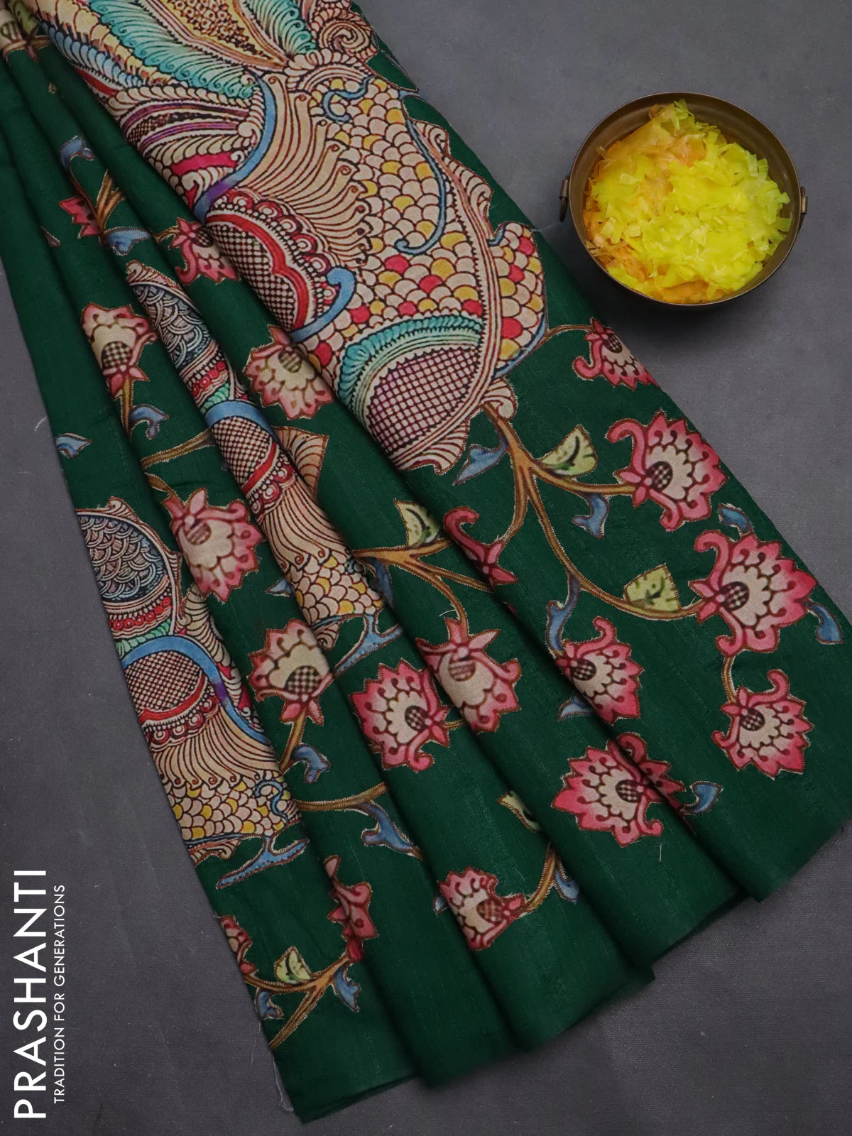 Semi tussar saree green with kalamkari applique work - Image 2