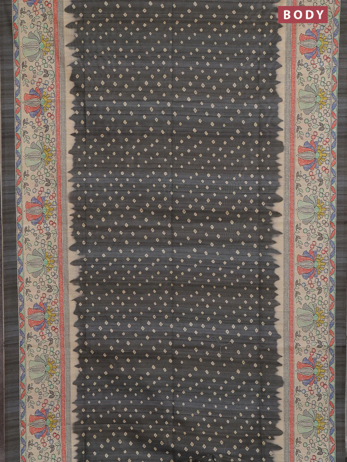 Semi tussar saree grey and beige with allover bandhani prints and madhubani printed pallu & border - Image 2
