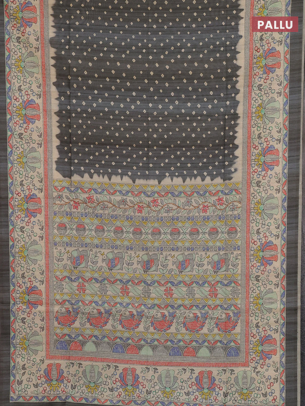 Semi tussar saree grey and beige with allover bandhani prints and madhubani printed pallu & border - Image 3