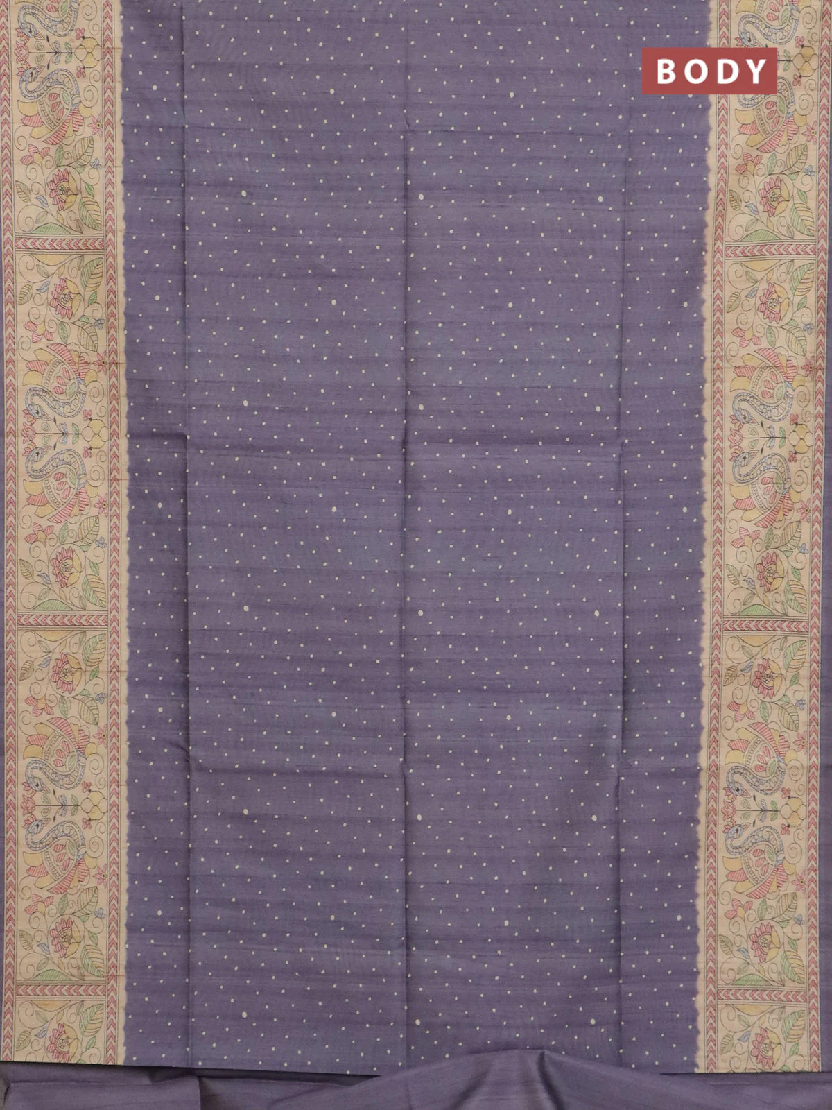 Semi tussar saree grey and beige with allover butta prints and madhubani printed pallu & border - Image 2