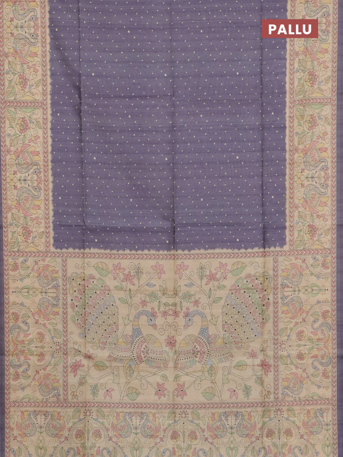 Semi tussar saree grey and beige with allover butta prints and madhubani printed pallu & border - Image 3