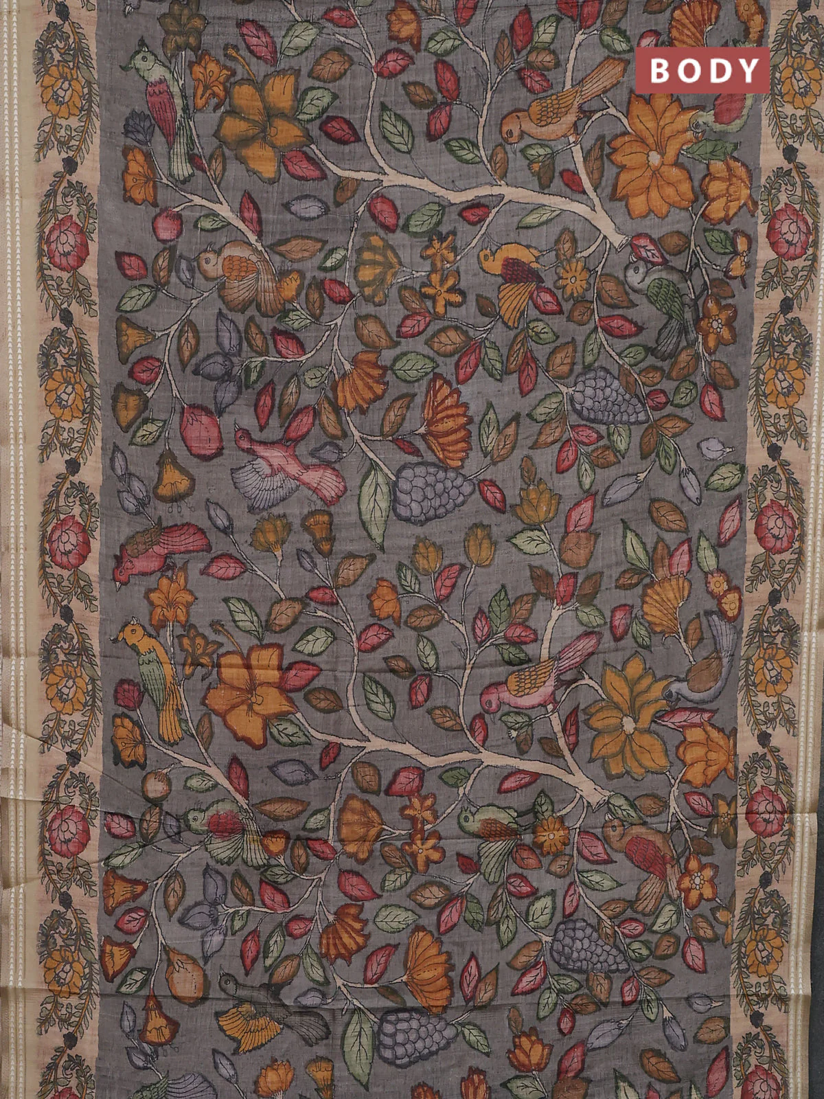 Semi tussar saree grey and beige with allover kalamkari prints and printed border - Image 2