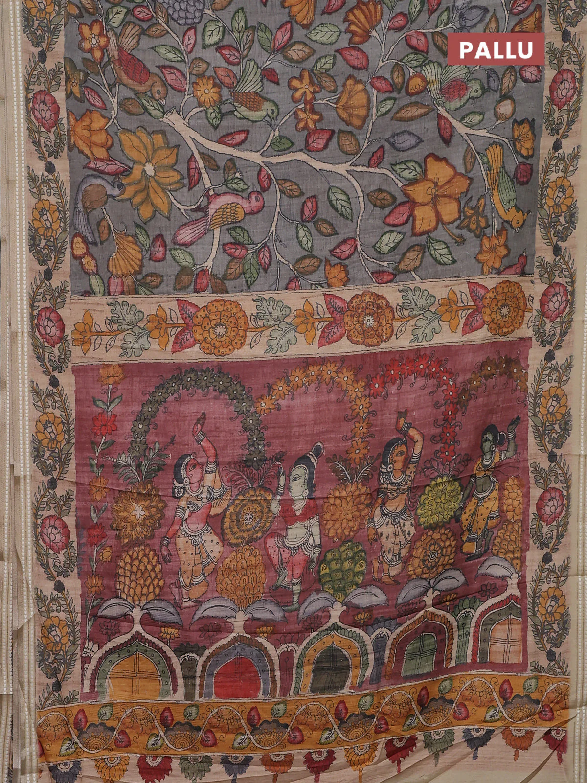 Semi tussar saree grey and beige with allover kalamkari prints and printed border - Image 3