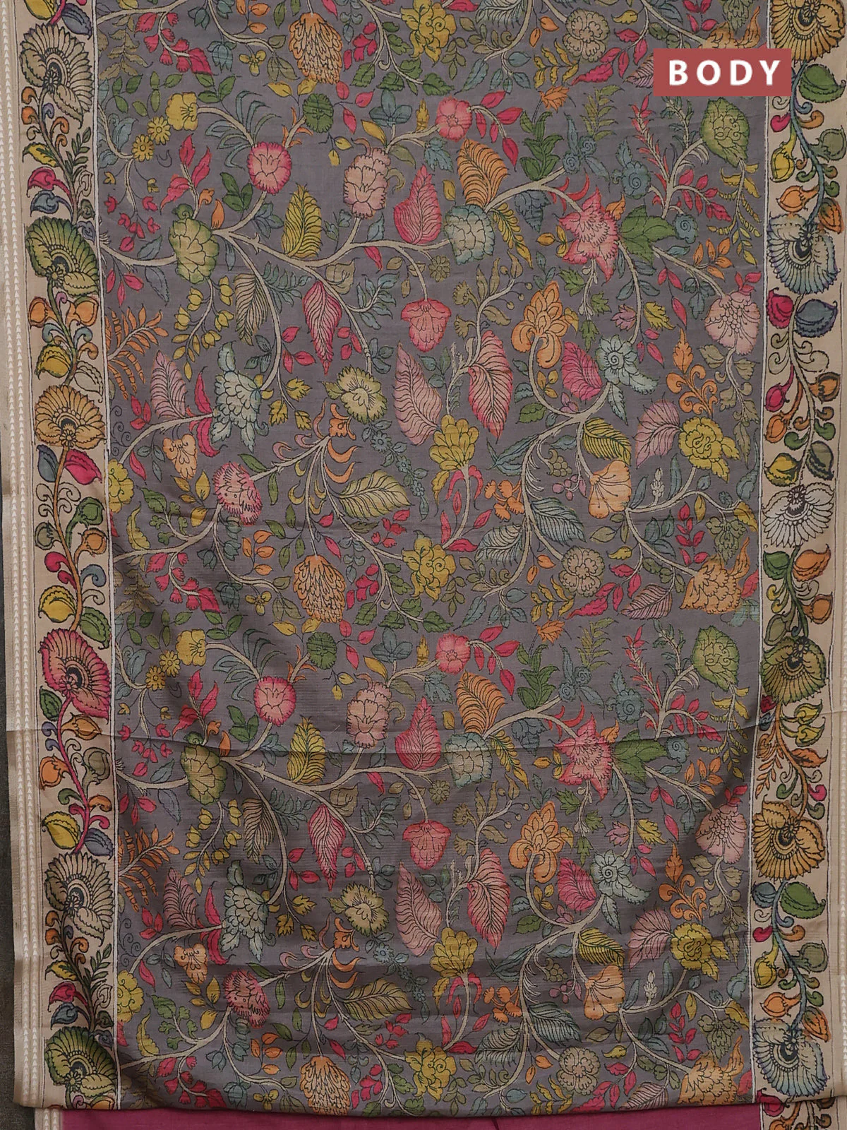 Semi tussar saree grey and beige with allover kalamkari prints and printed border - Image 2
