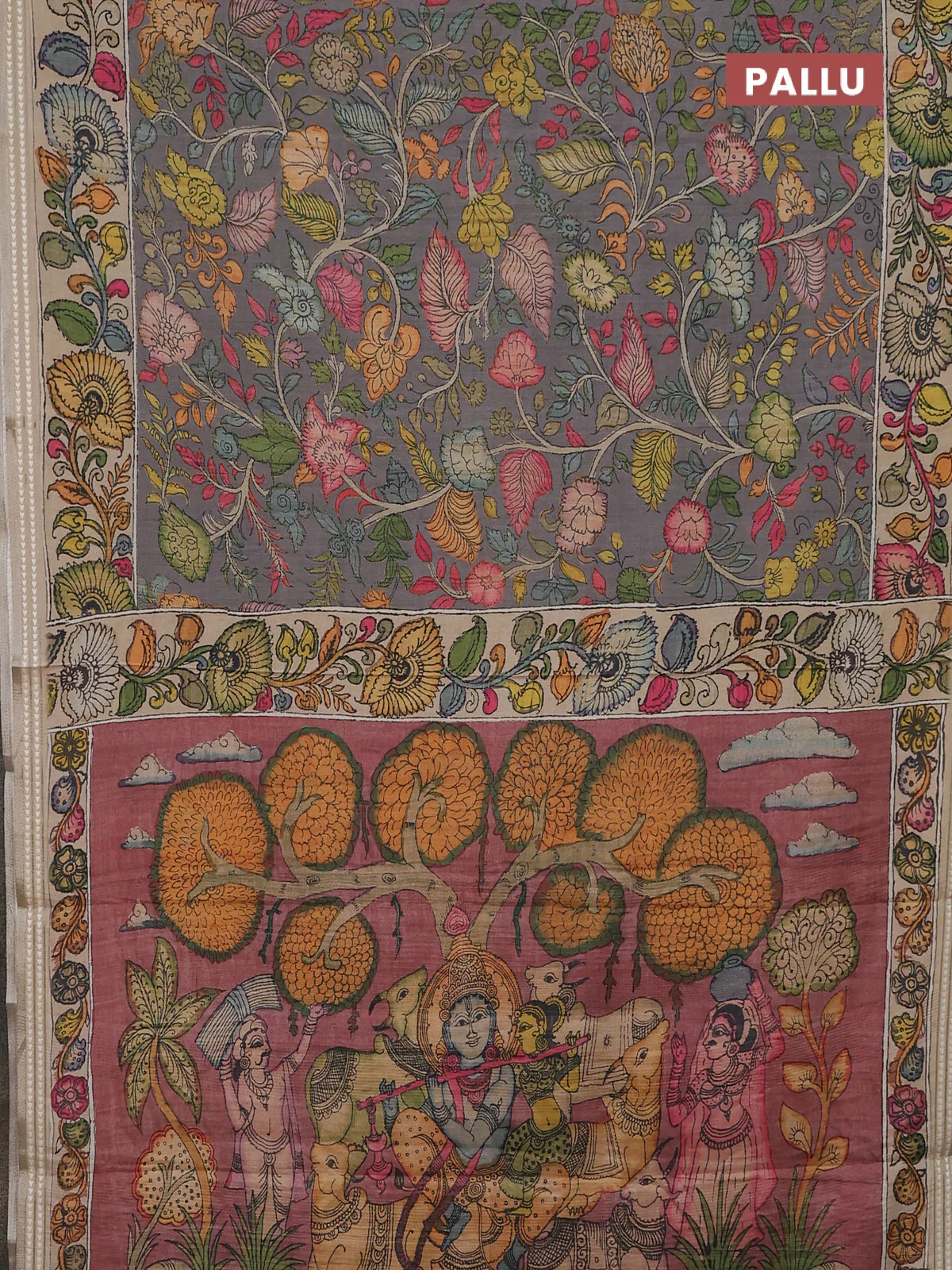 Semi tussar saree grey and beige with allover kalamkari prints and printed border - Image 3