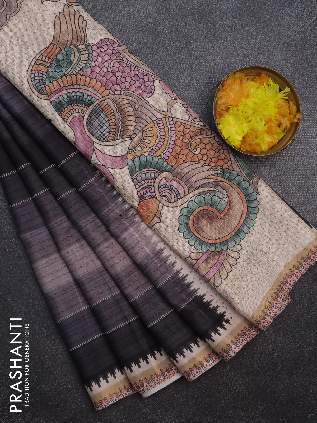 Semi tussar saree grey and beige with allover stripe parints and kalamkari printed pallu - Image 2