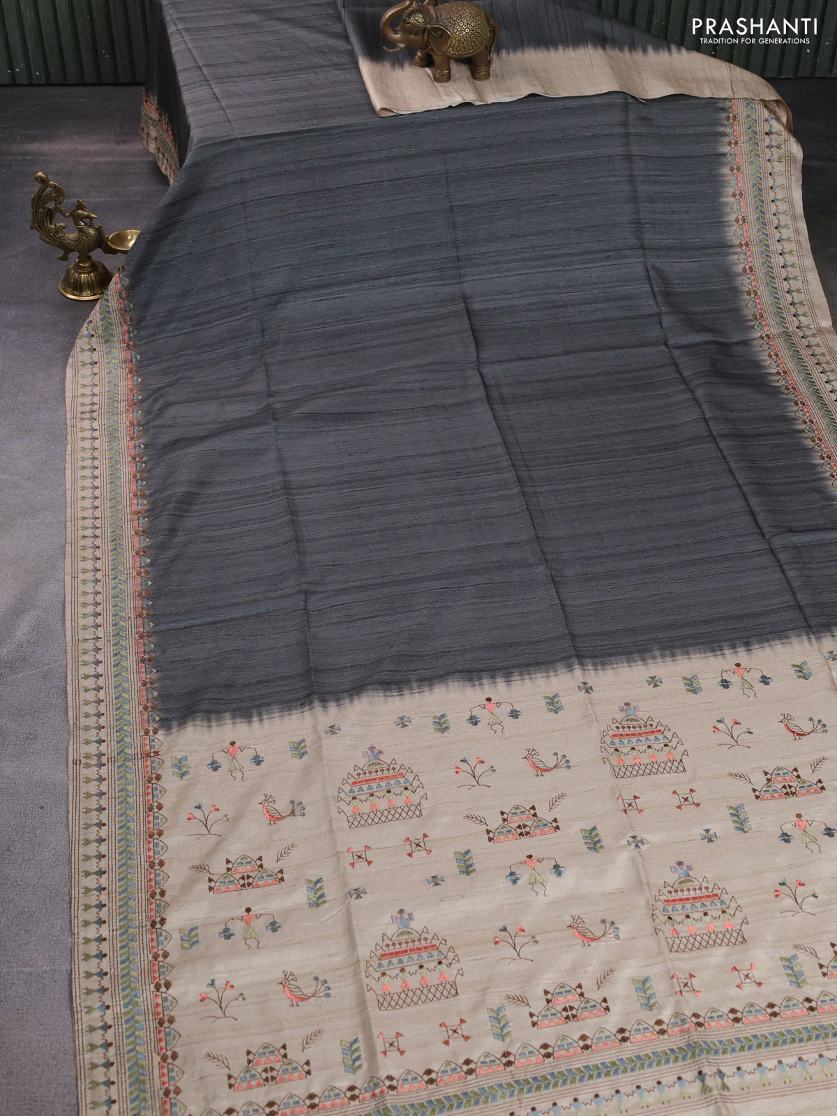 Semi tussar saree grey and beige with plain body and embroidery pallu & border - Image 2