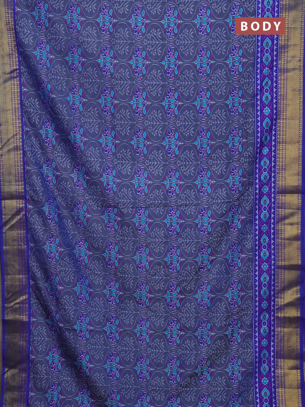 Semi tussar saree grey and blue with allover ikat prints and zari woven border - Image 2