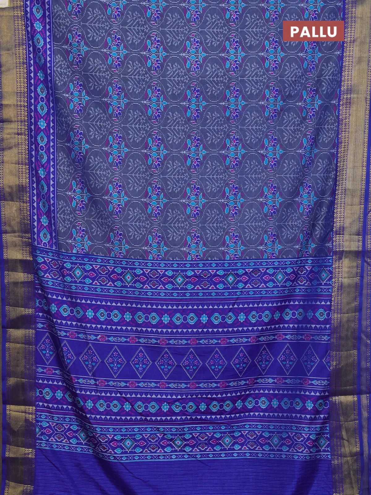 Semi tussar saree grey and blue with allover ikat prints and zari woven border - Image 3