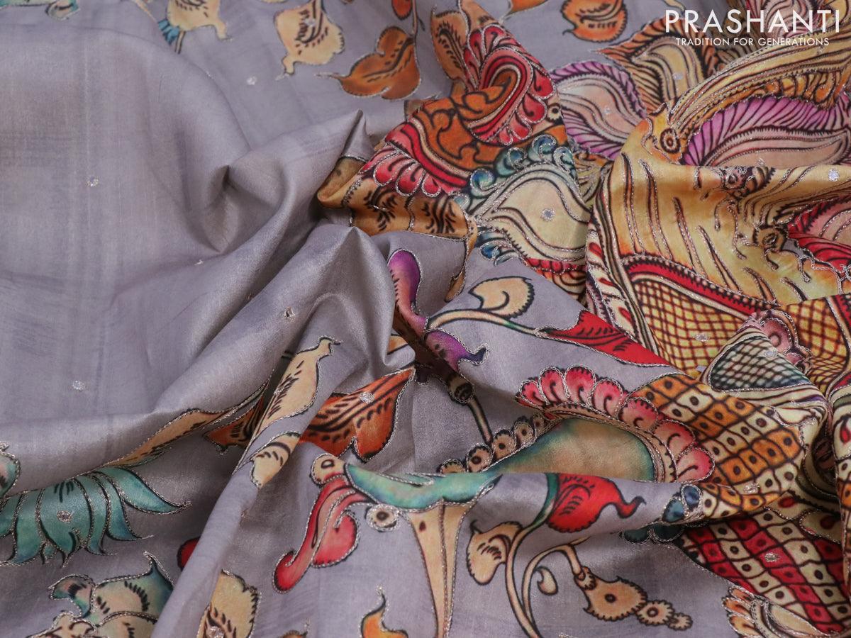 Semi tussar saree grey and brown with kalamkari prints & mirror embroidery work and vidarbha style border - Image 3