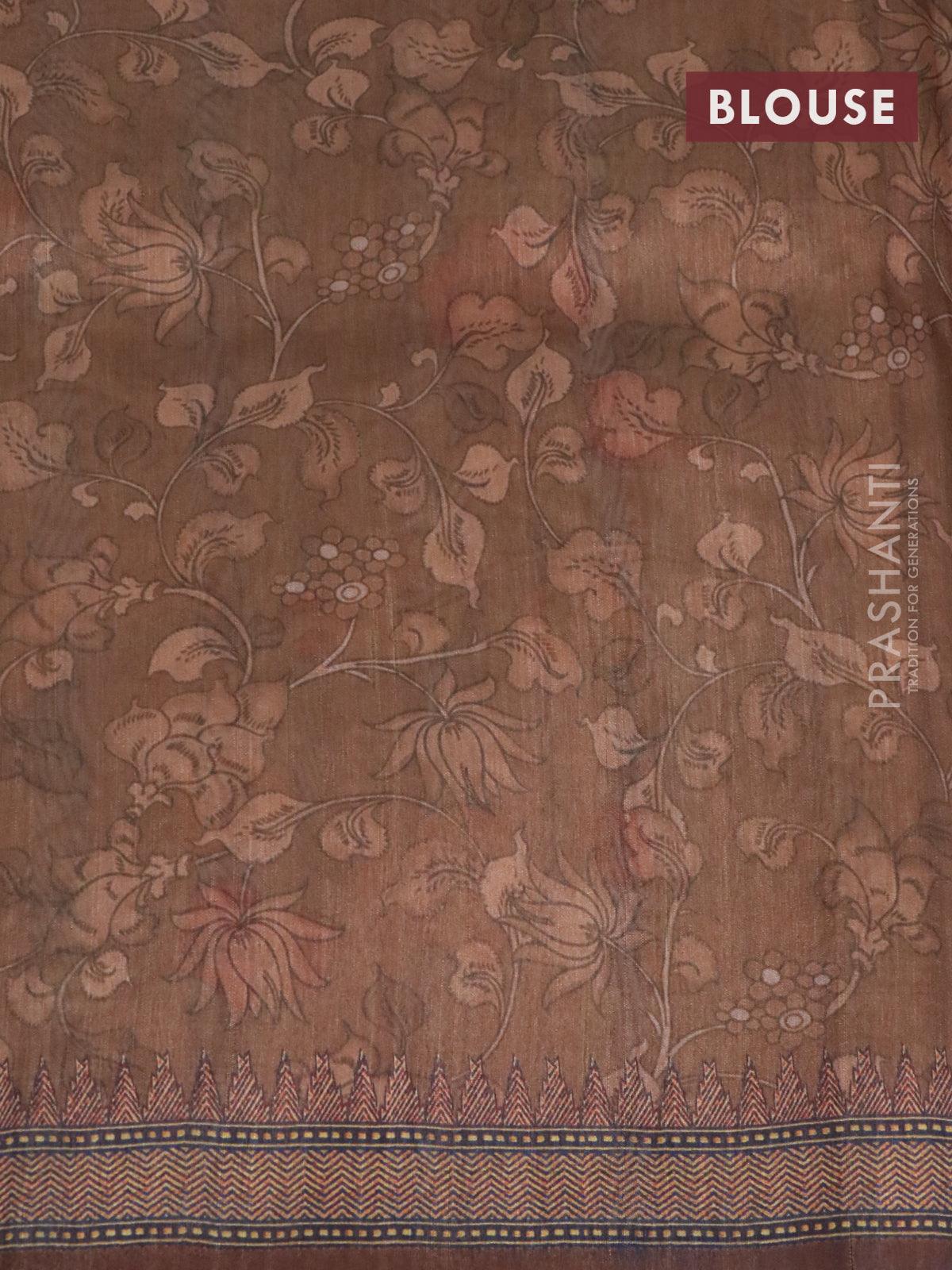 Semi tussar saree grey and brown with kalamkari prints & mirror embroidery work and vidarbha style border - Image 4