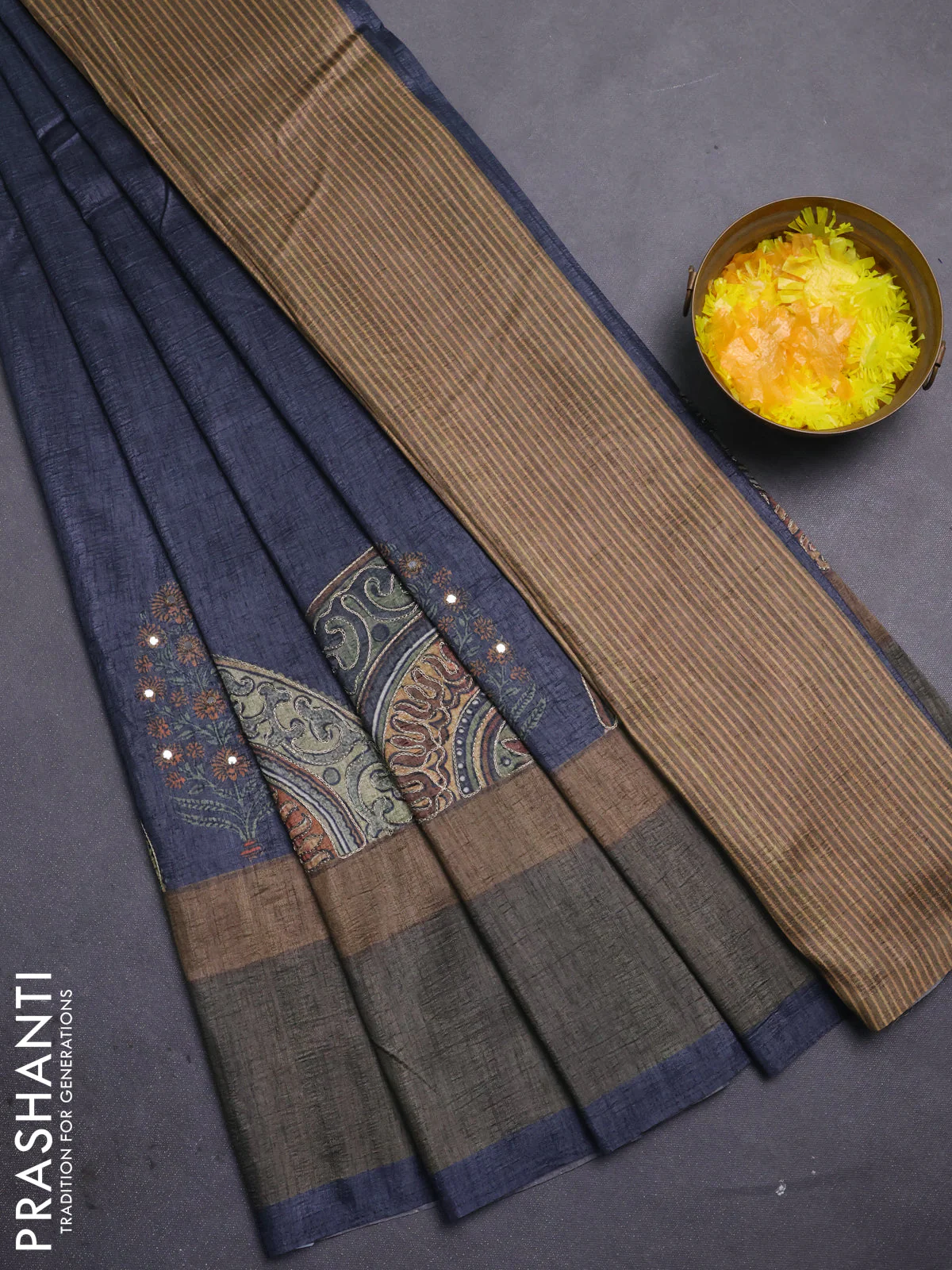 Semi tussar saree grey and brown with plain body and mirror embridery work