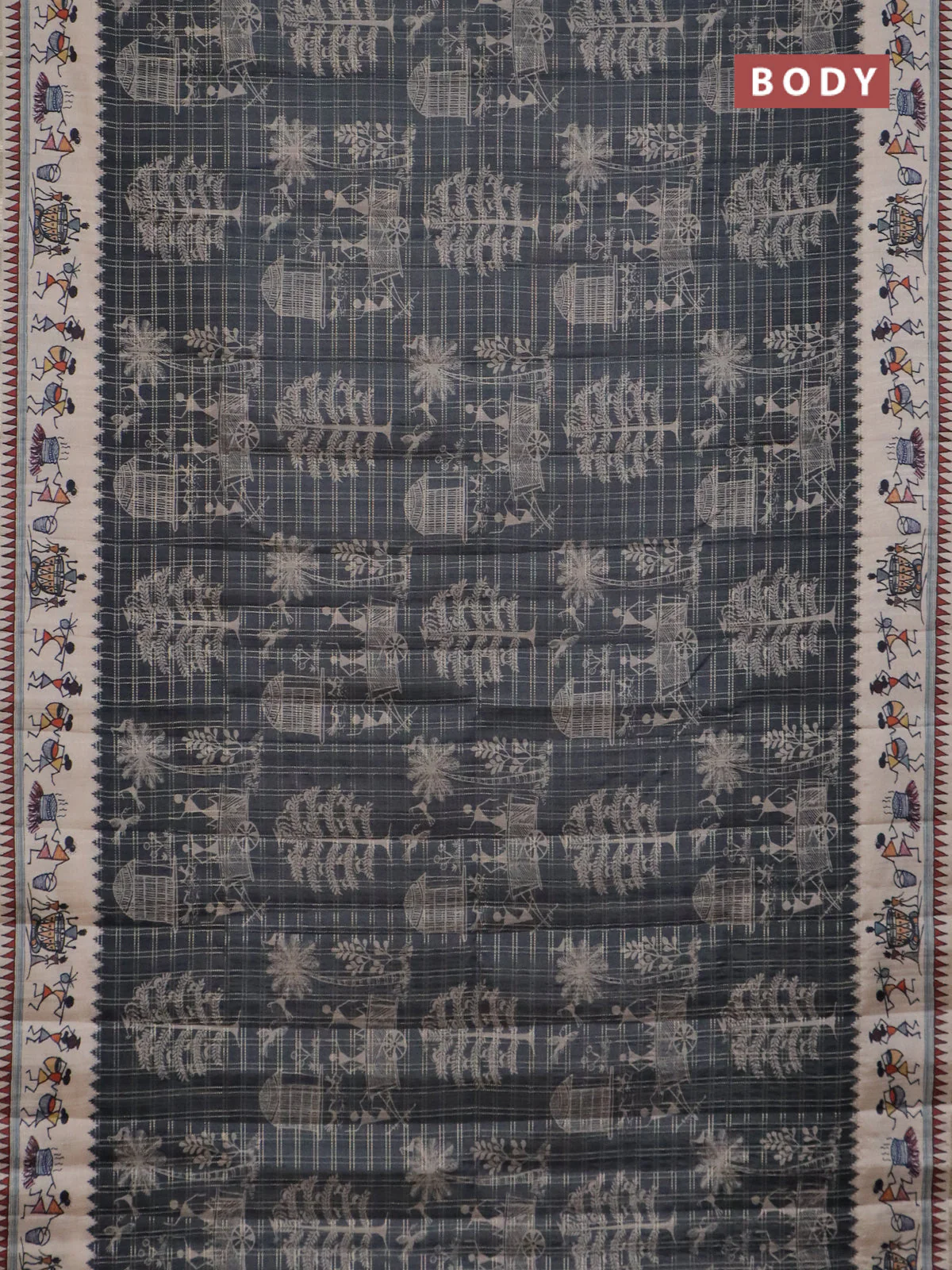 Semi tussar saree grey and cream with allover zari checks & warli prints  and printed border - Image 2
