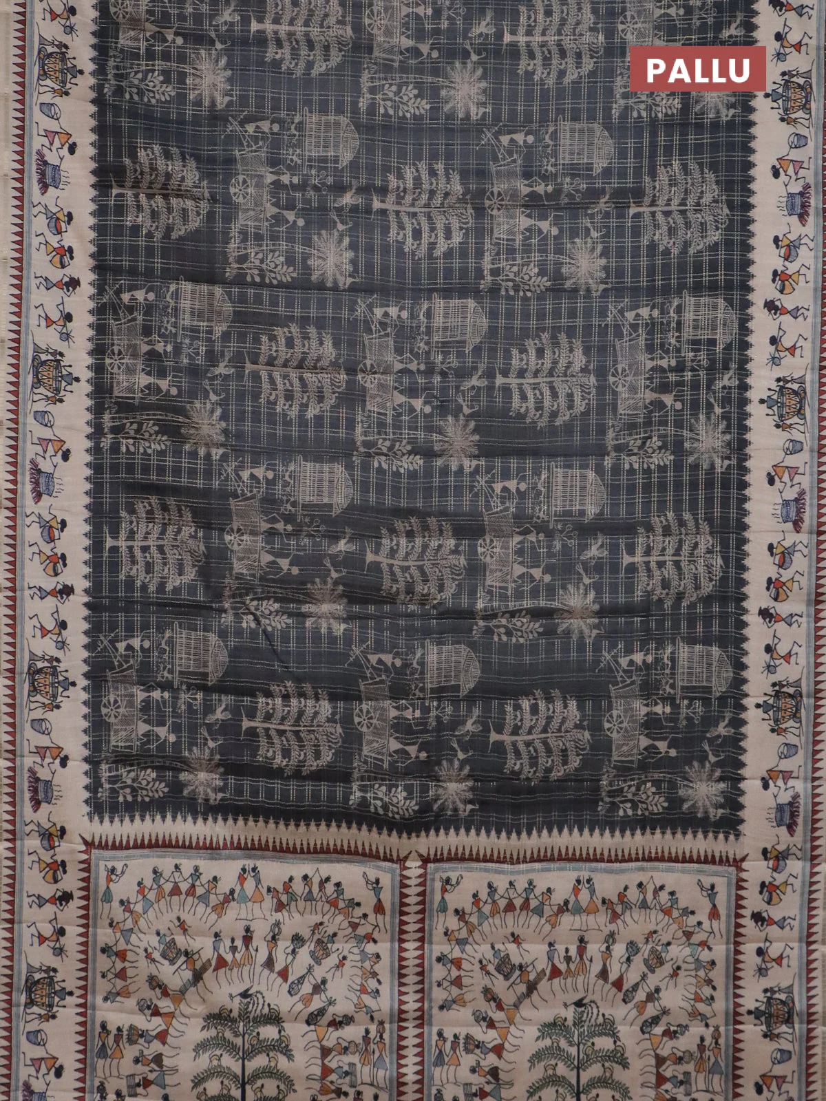Semi tussar saree grey and cream with allover zari checks & warli prints  and printed border - Image 3