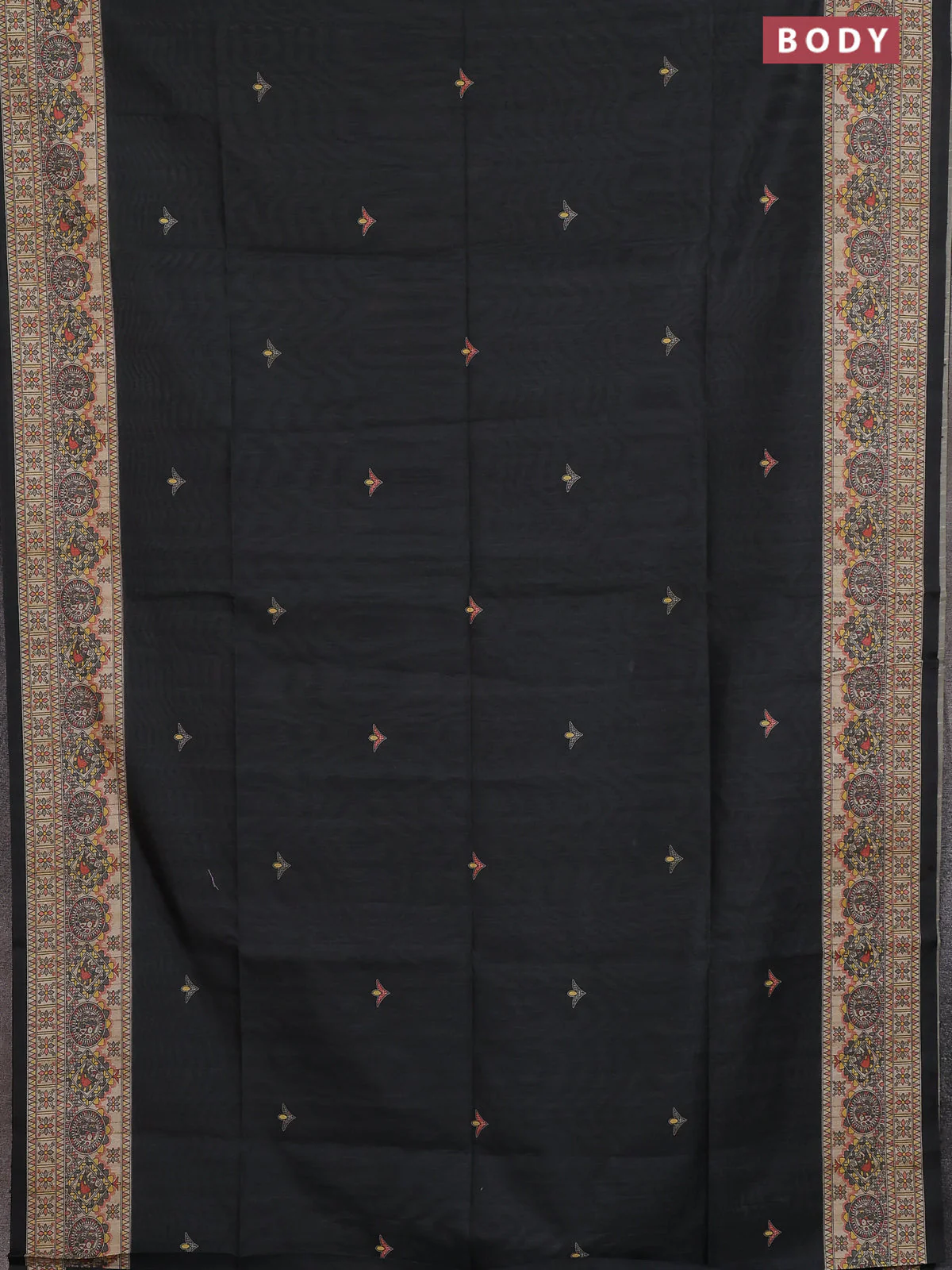 Semi tussar saree grey and cream with butta prints and madhubani printed pallu & border - Image 2