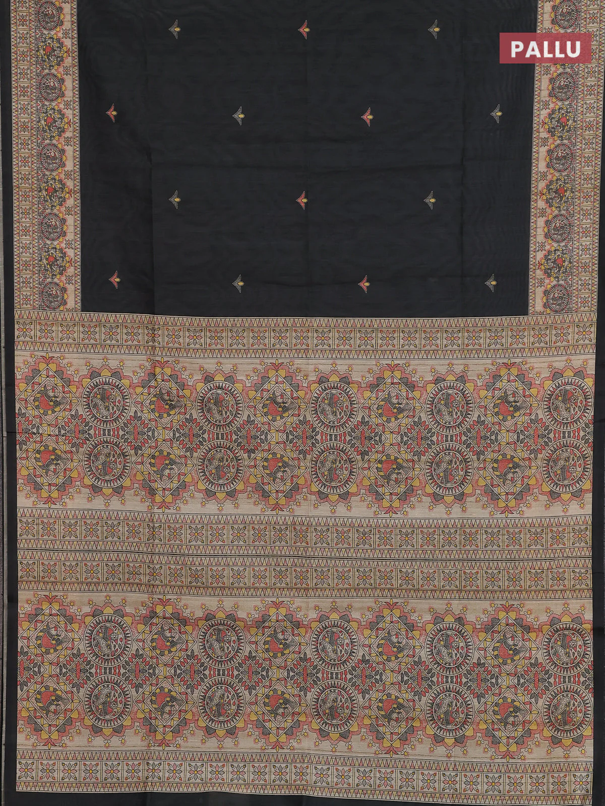 Semi tussar saree grey and cream with butta prints and madhubani printed pallu & border - Image 3