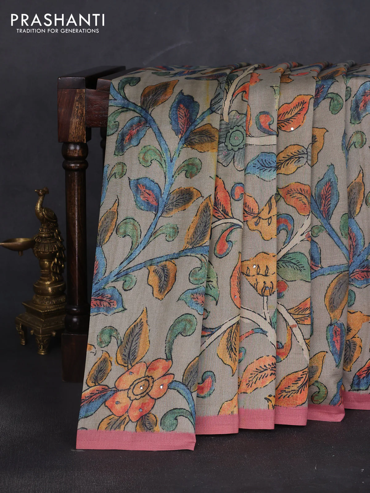 Semi tussar saree grey and dark peach with allover kalamkari prints and mirror work - Image 2