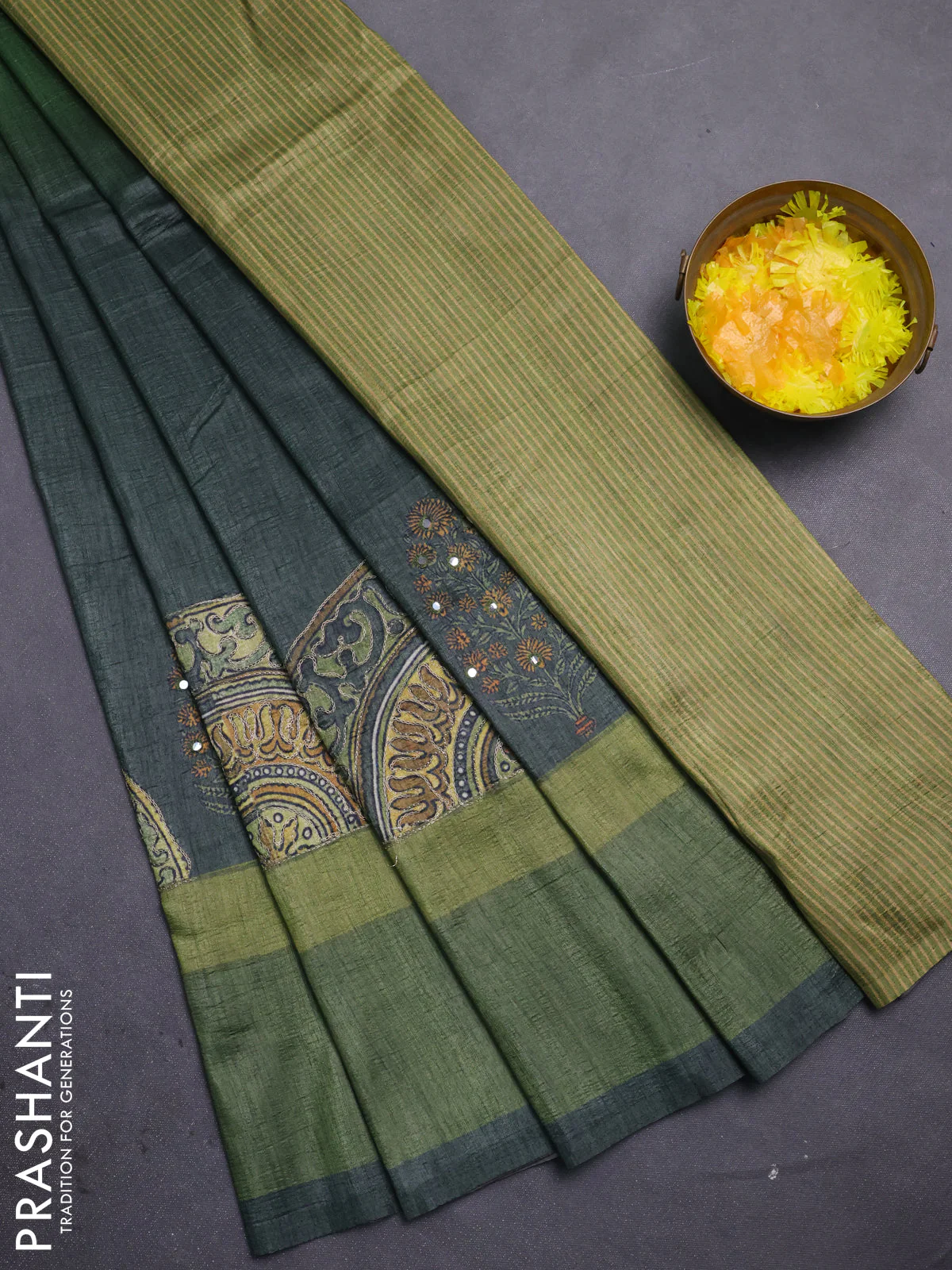 Semi tussar saree grey and green with plain body and mirror embridery work