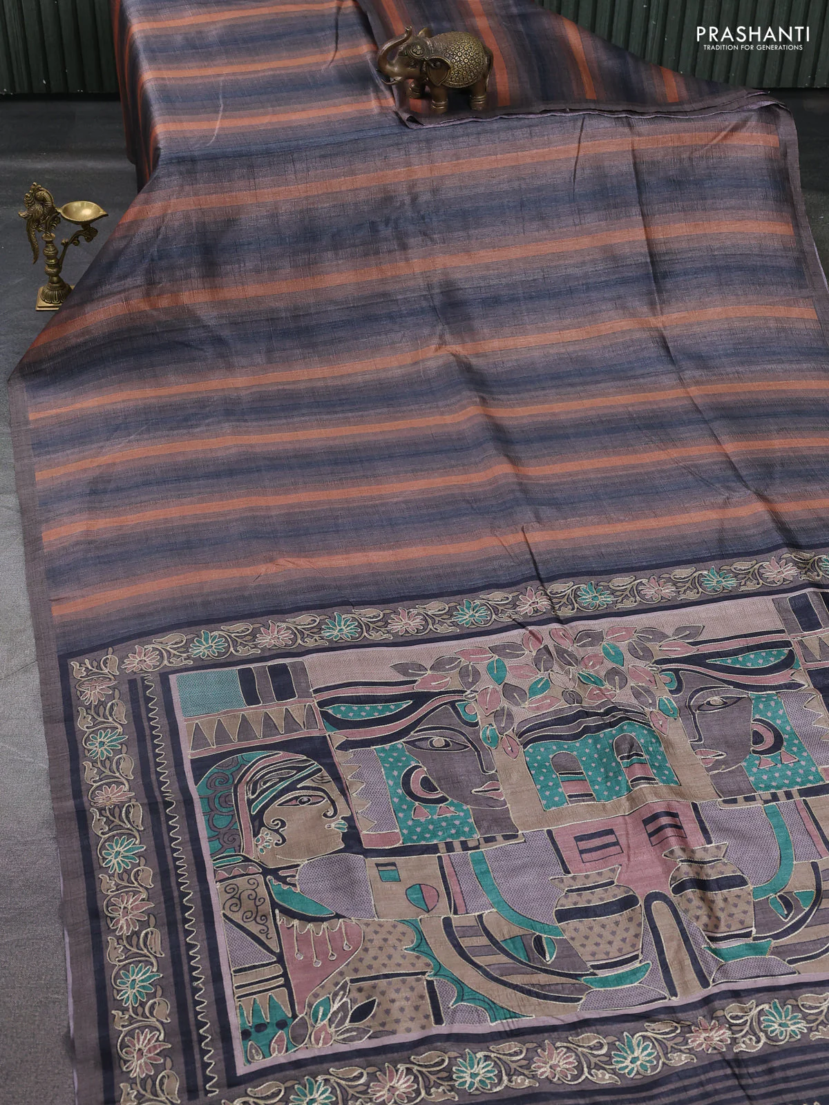 Semi tussar saree grey and rust shade with plain body and embroidered pallu - Image 2