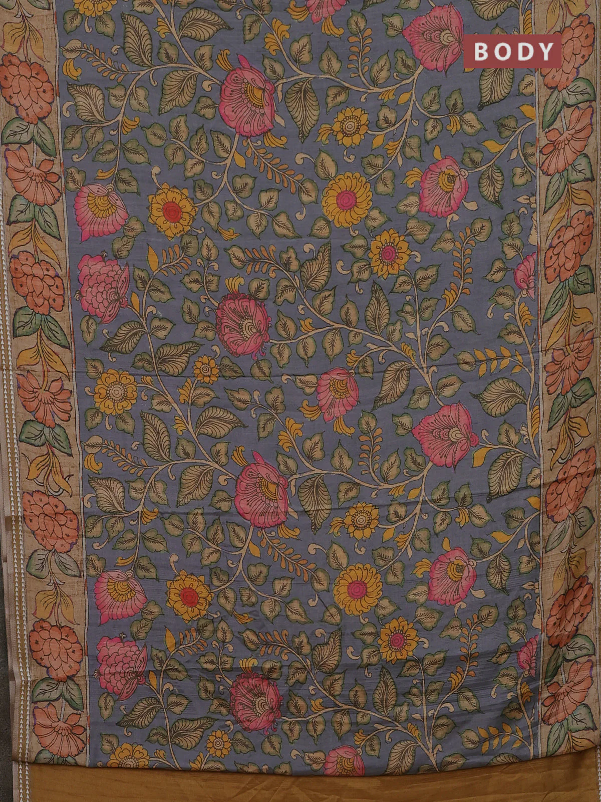 Semi tussar saree grey and sandal with allover kalamkari prints and printed border - Image 2