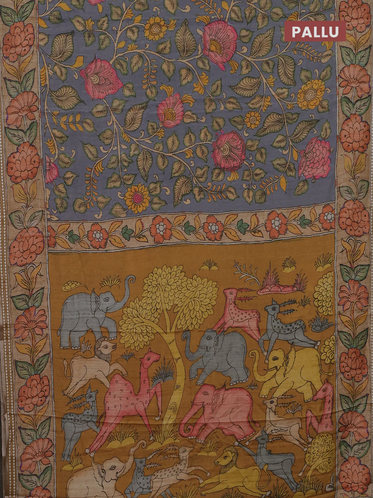 Semi tussar saree grey and sandal with allover kalamkari prints and printed border - Image 3