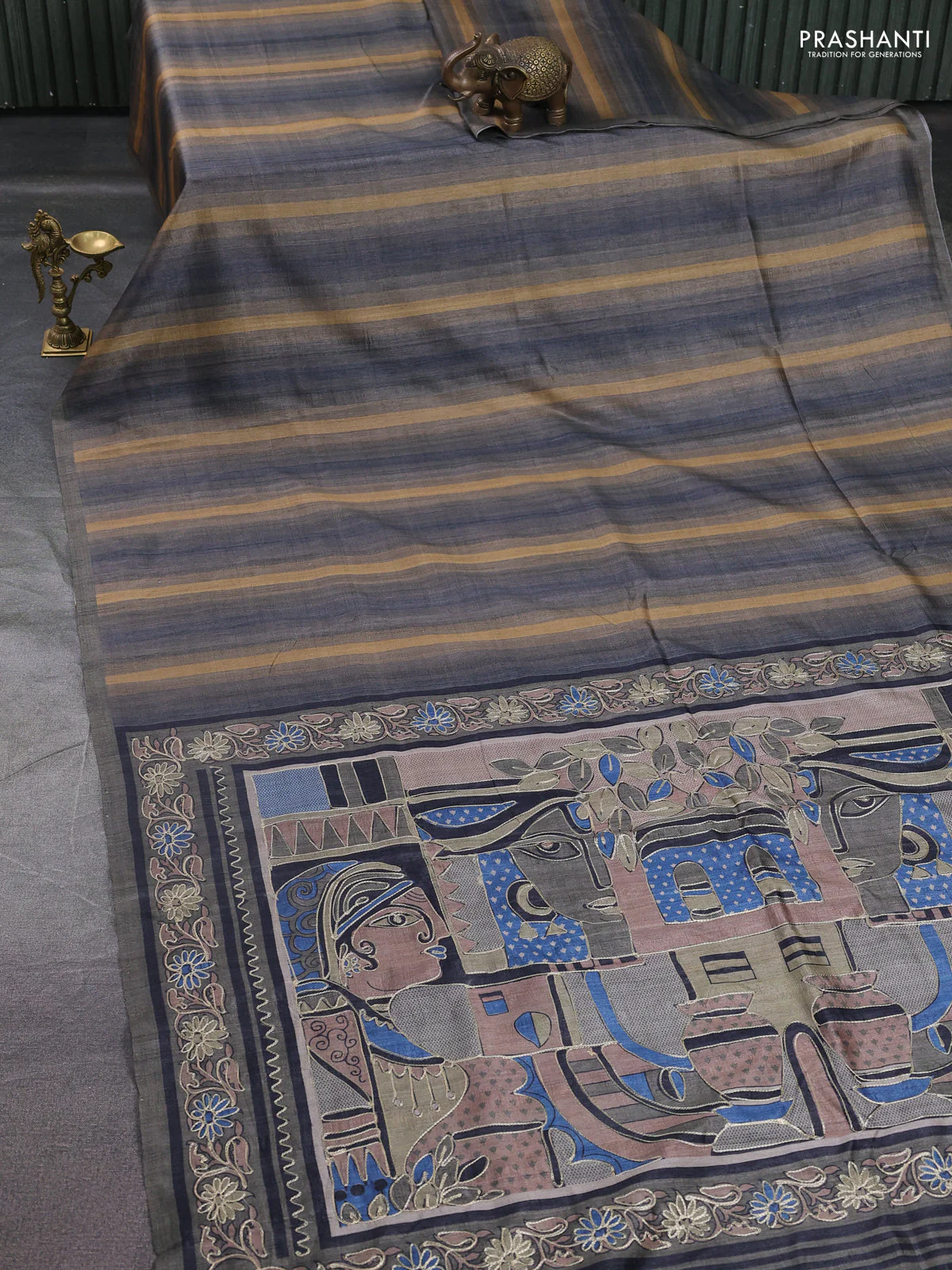 Semi tussar saree grey and sandal with plain body and embroidered pallu - Image 2