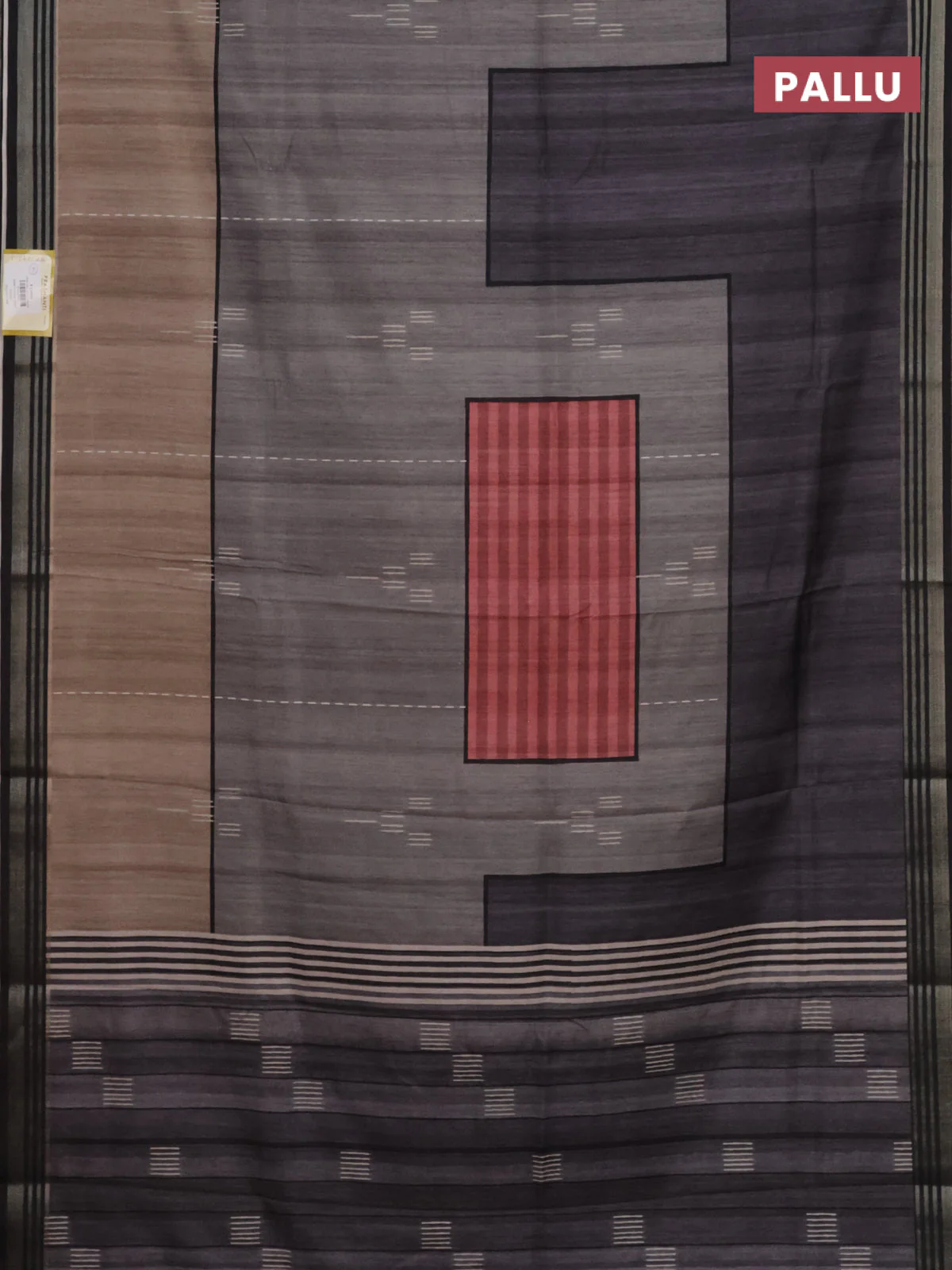Semi tussar saree grey beige and elephant grey with allover prints and zari woven border - Image 3