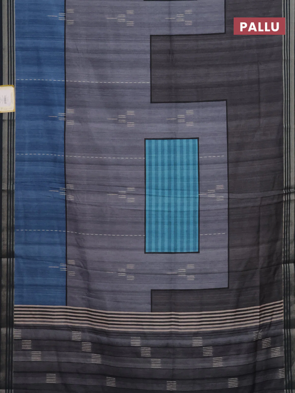 Semi tussar saree grey cs blue and dark blue with allover prints and zari woven border - Image 3