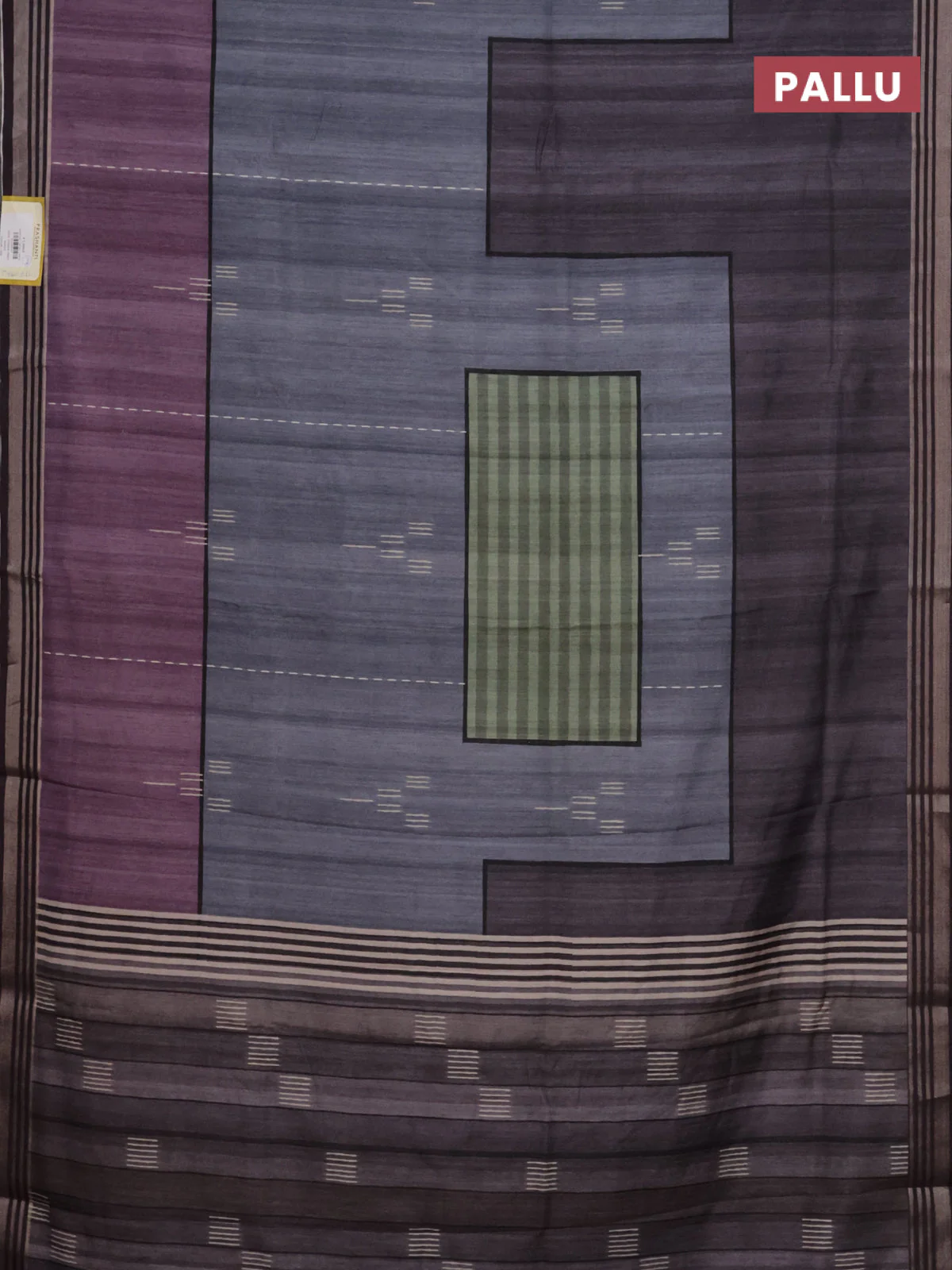 Semi tussar saree grey purple and jamun shade with allover prints and zari woven border - Image 3
