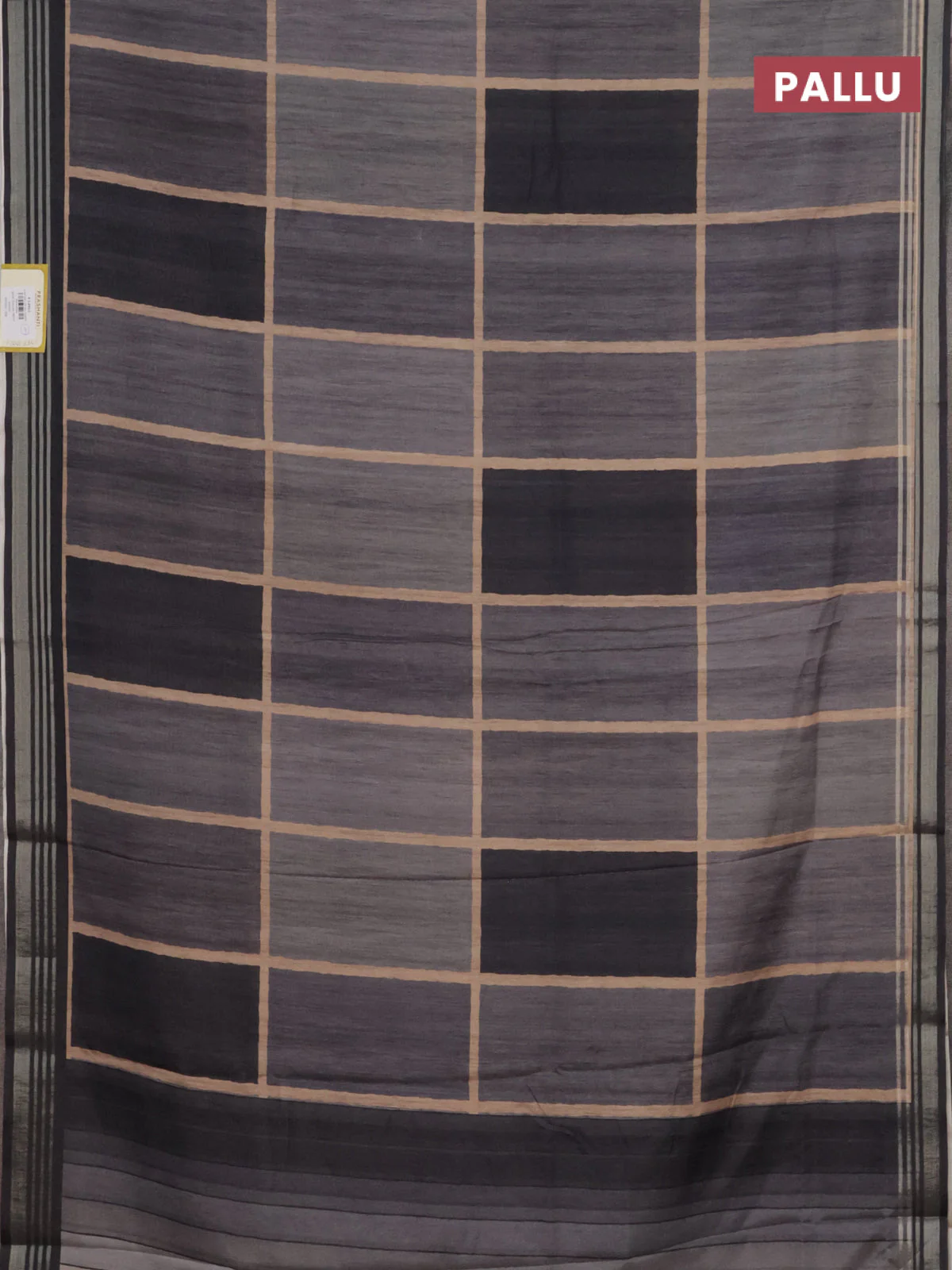 Semi tussar saree grey shade and black with allover prints and zari woven border - Image 3