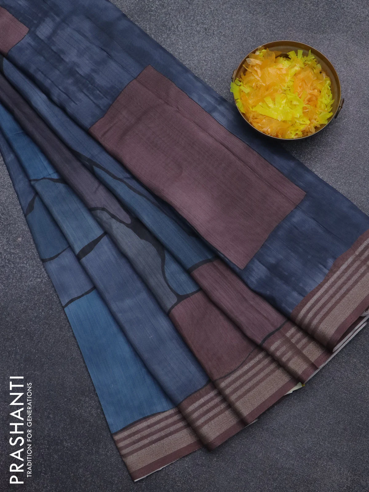 Semi tussar saree grey shade and brown with allover prints and zari woven border