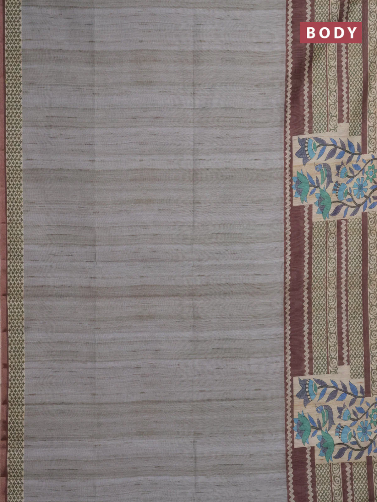 Semi tussar saree grey shade and brown with plain body and long printed zari border - Image 2