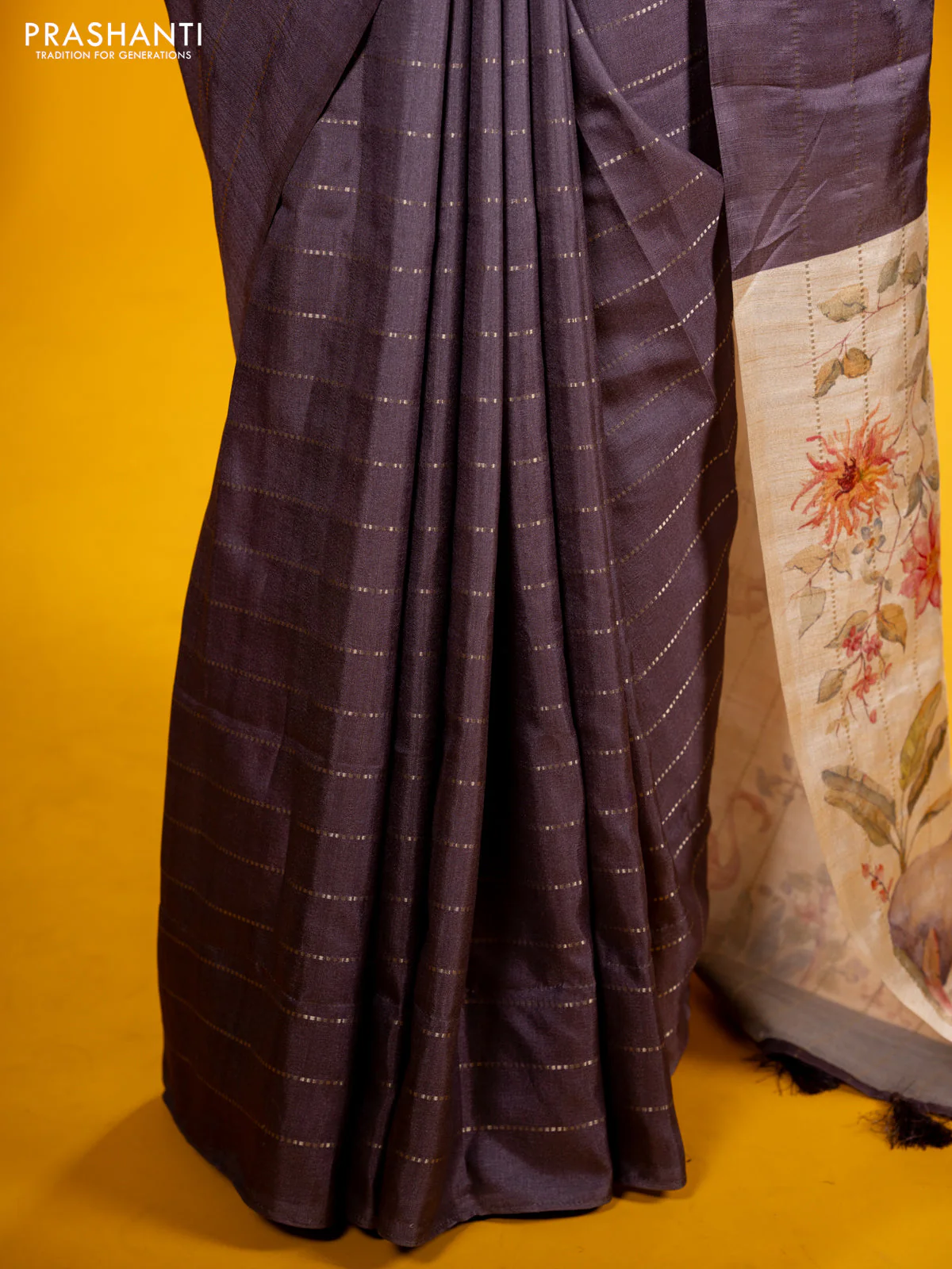 Semi tussar saree grey shade and cream with allover zari weaves in borderless style & printed pallu - Image 5