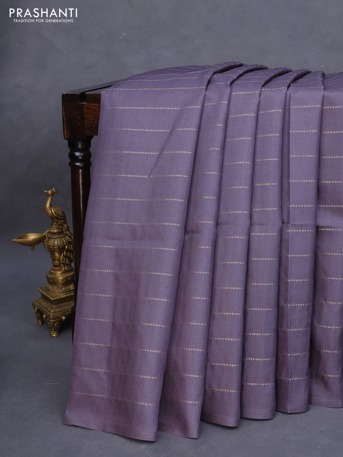 Semi tussar saree grey shade and cream with allover zari weaves in borderless style & printed pallu - Image 6