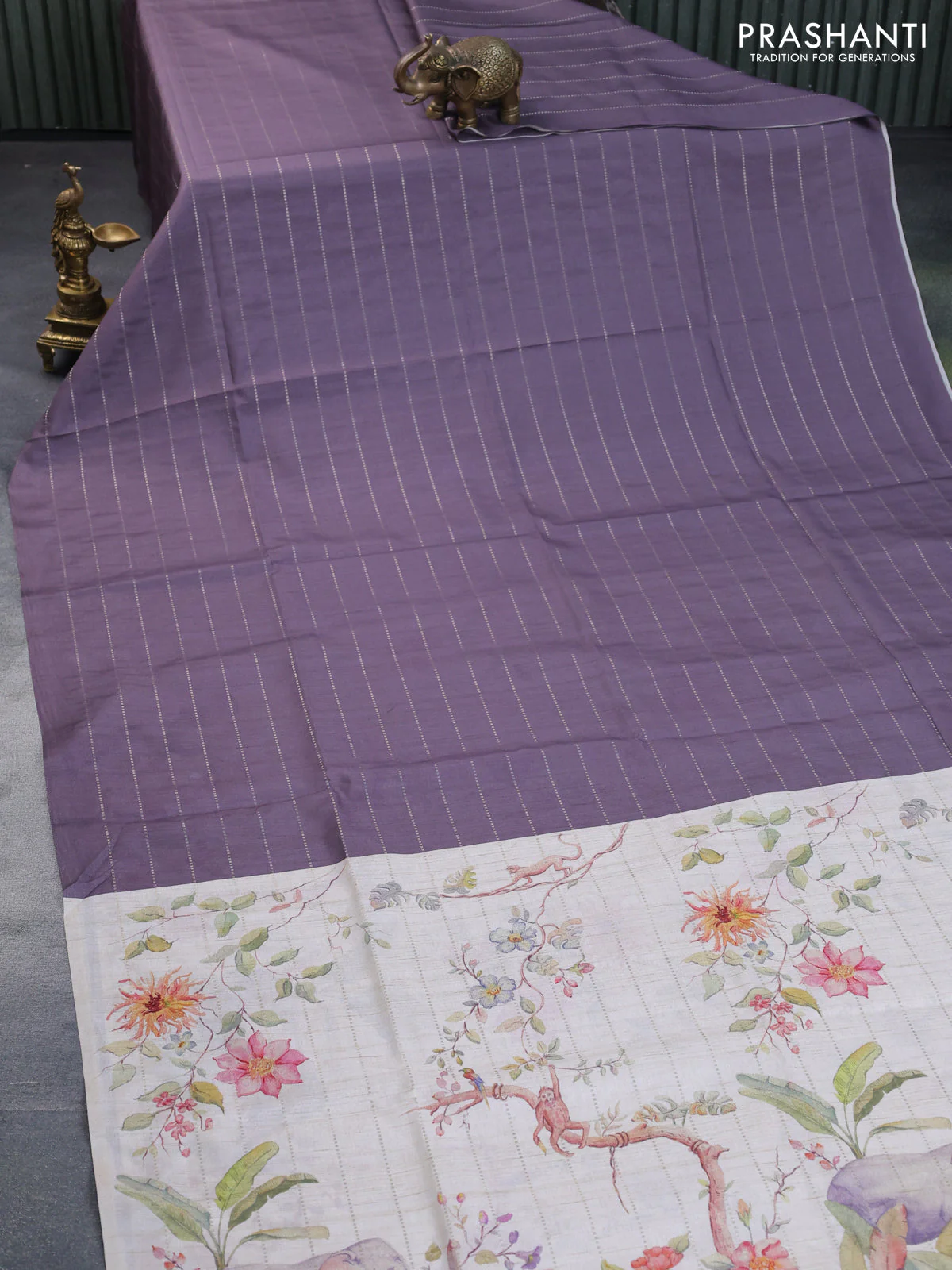 Semi tussar saree grey shade and cream with allover zari weaves in borderless style & printed pallu - Image 7