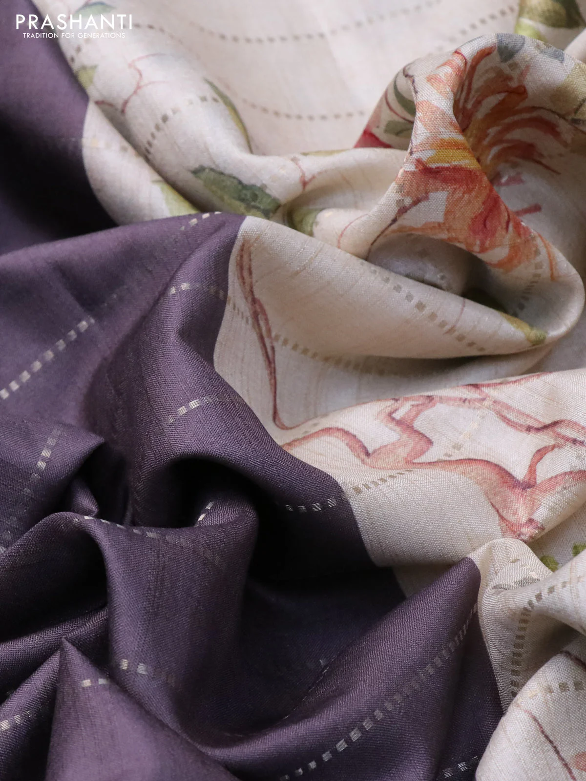 Semi tussar saree grey shade and cream with allover zari weaves in borderless style & printed pallu - Image 8