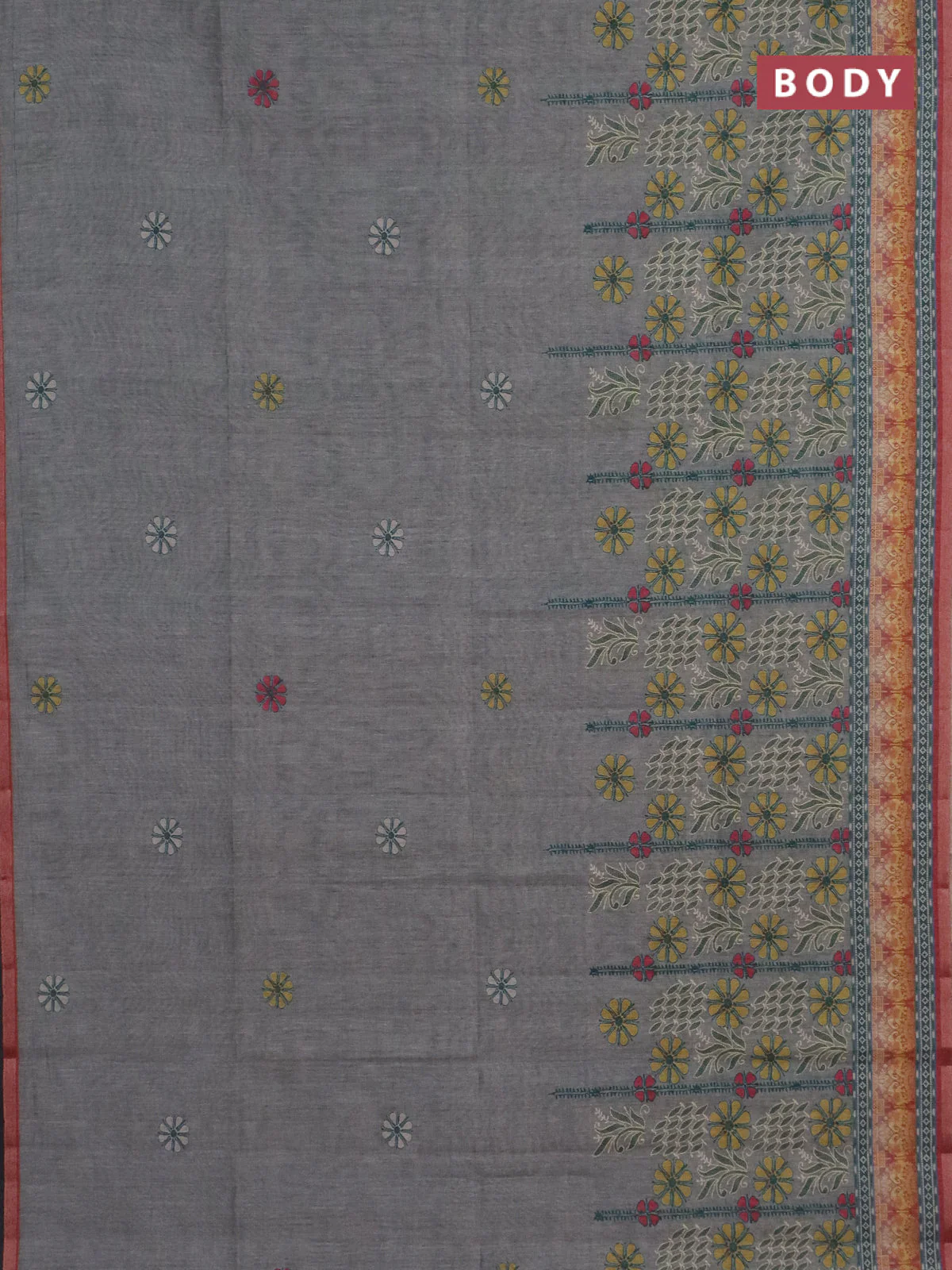 Semi tussar saree grey shade and maroon with allover prints and small zari woven border - Image 2