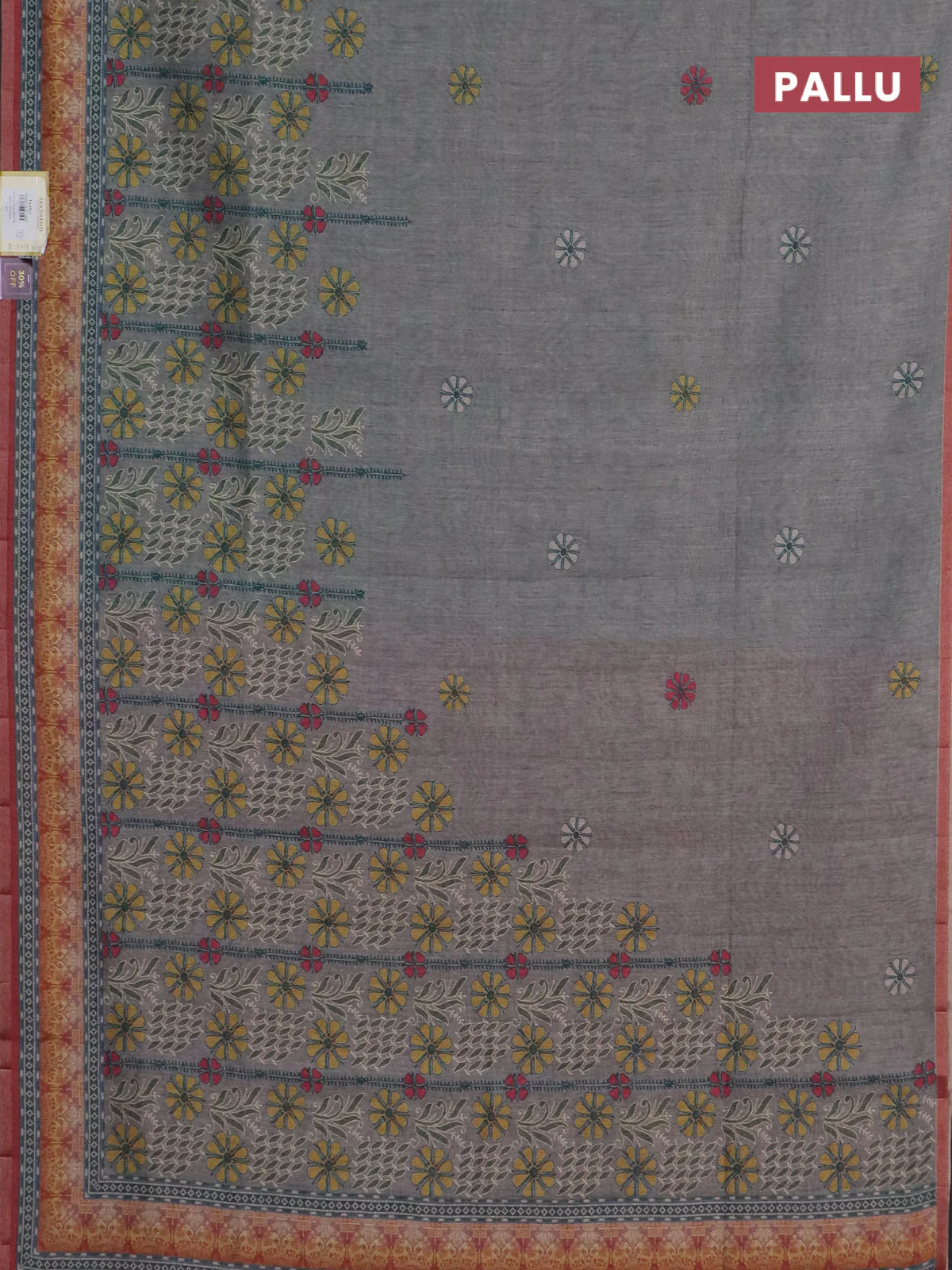 Semi tussar saree grey shade and maroon with allover prints and small zari woven border - Image 3