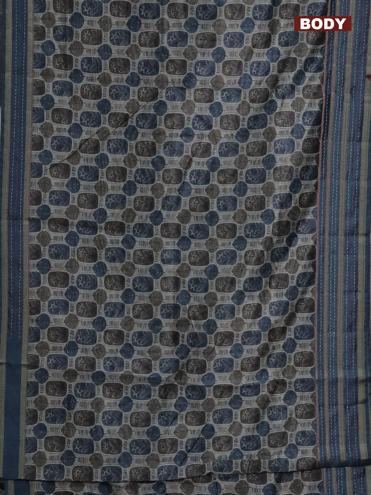 Semi tussar saree grey shade and peacock green shade with allover prints and kantha stitich work border - Image 2