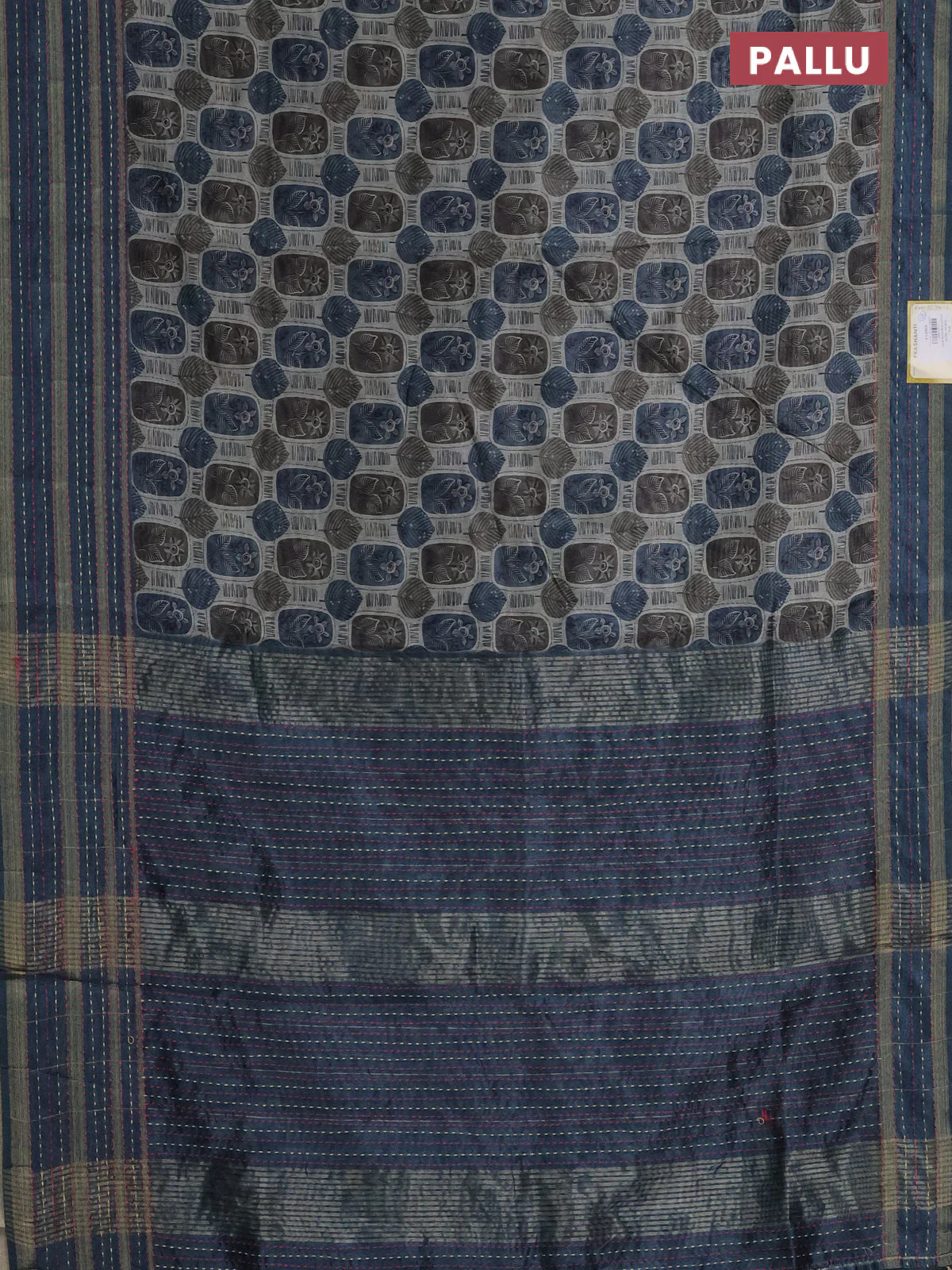 Semi tussar saree grey shade and peacock green shade with allover prints and kantha stitich work border - Image 3