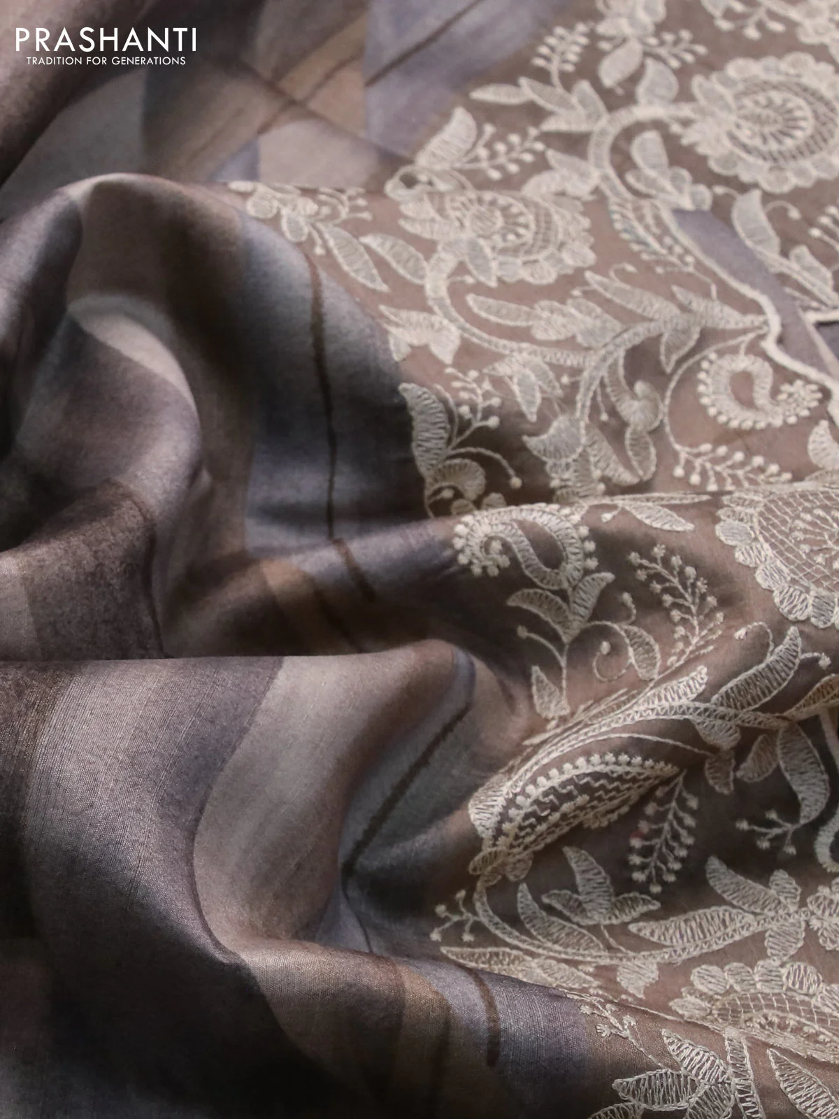Semi tussar saree grey shade with allover digital prints and chikankari work border - Image 3