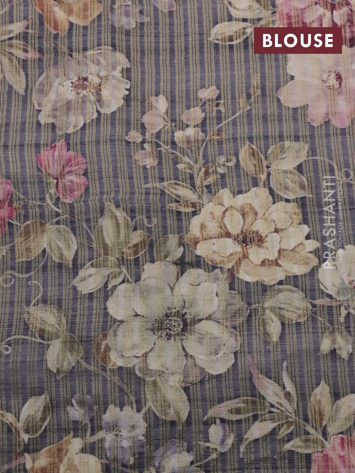 Semi tussar saree grey shade with allover zari woven stripes pattern and floral printed border - Image 10